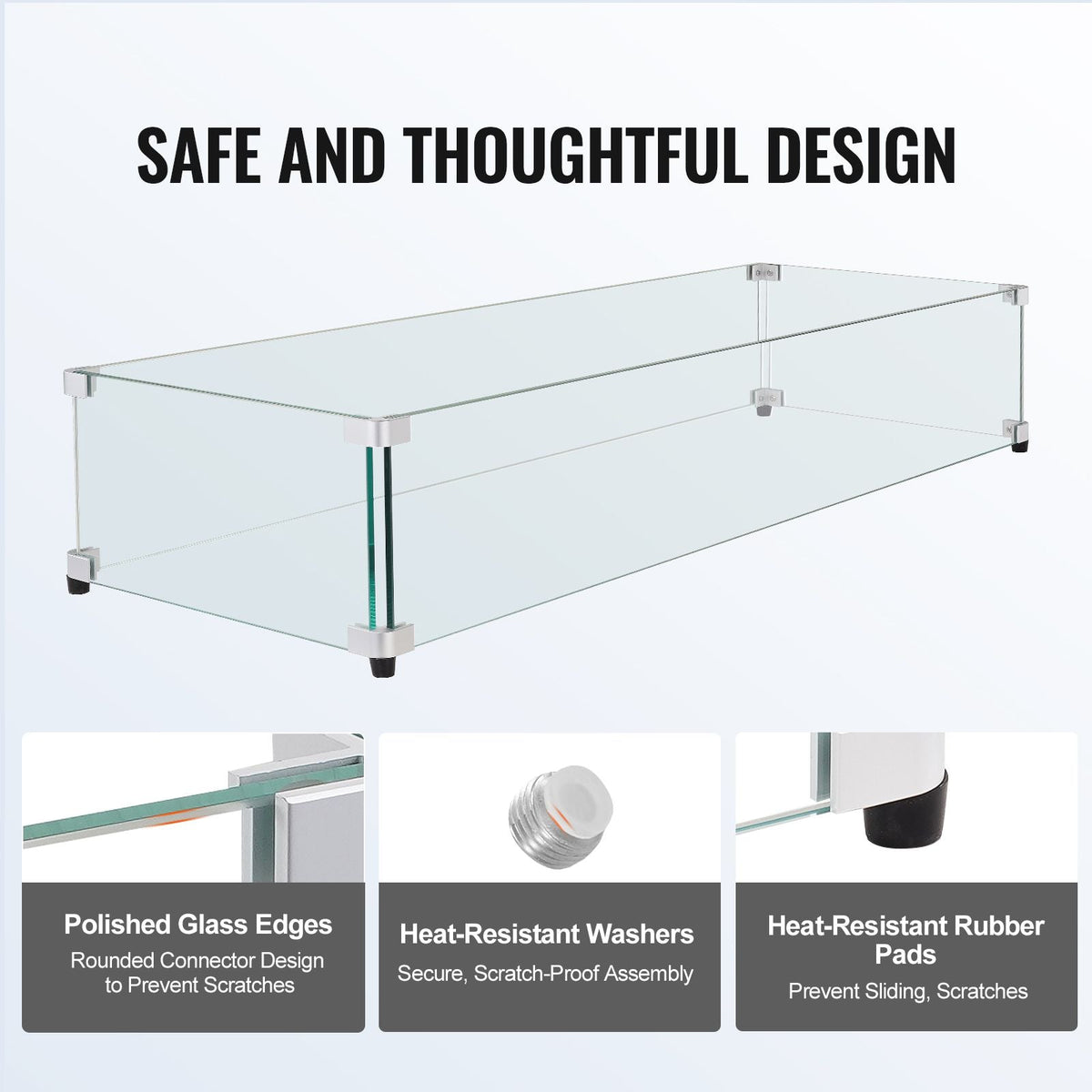 Glass Wind Guard for Rectangular Fire Pit Table 29 x 13 x 6.5 Inch, 0.31 inch Thick and Sturdy Tempered Glass Panel with Hard Aluminum Corner Bracket & Rubber Feet, Easy to Assemble