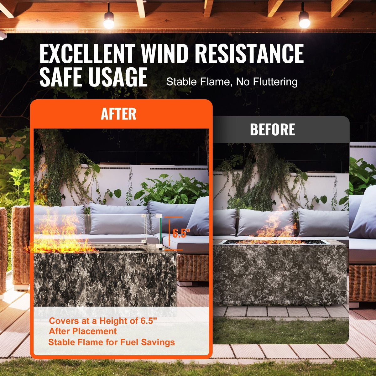 Glass Wind Guard for Rectangular Fire Pit Table 29 x 13 x 6.5 Inch, 0.31 inch Thick and Sturdy Tempered Glass Panel with Hard Aluminum Corner Bracket & Rubber Feet, Easy to Assemble