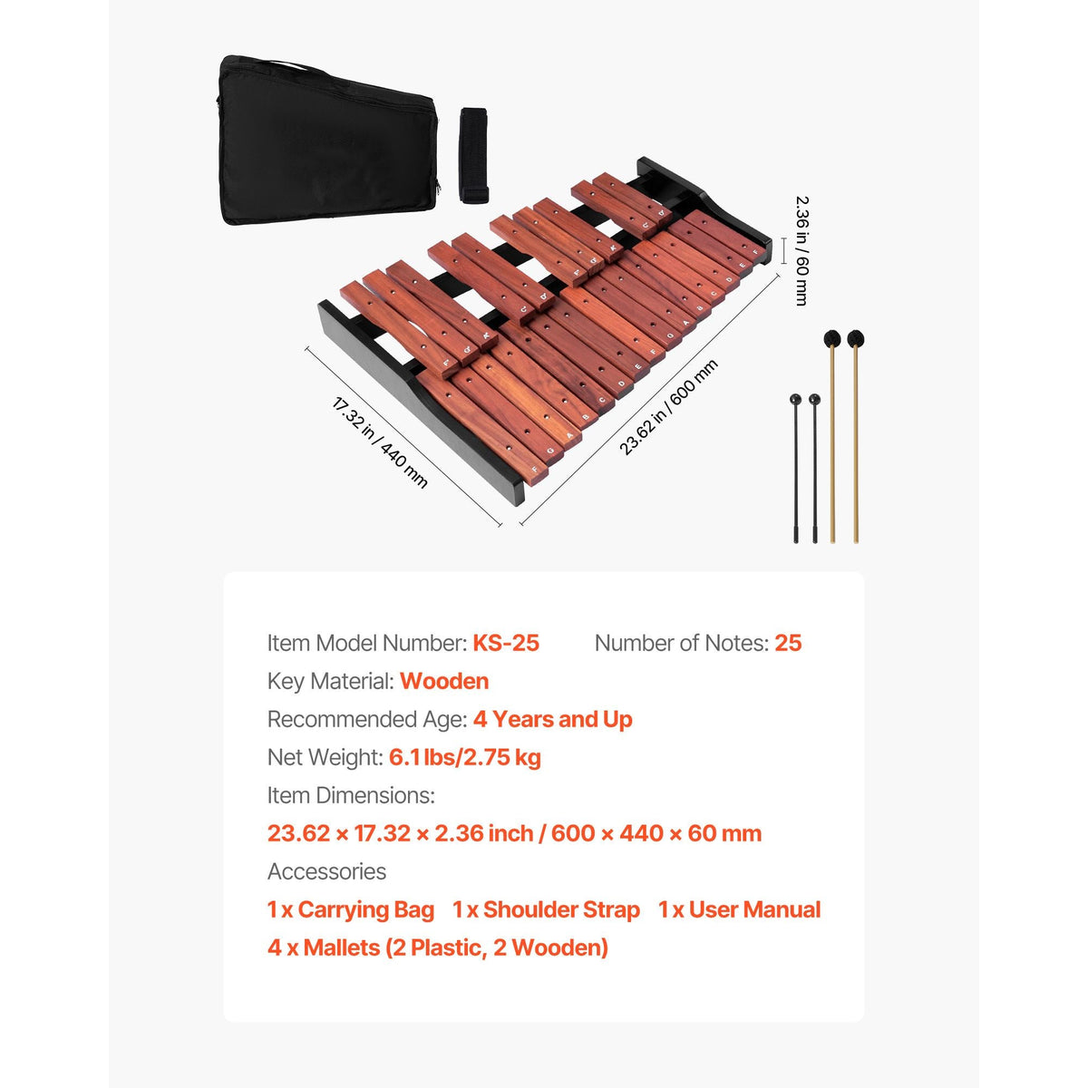 Glockenspiel Xylophone, 25 Notes, Wooden Professional Xylophone Percussion Instrument, with 4 Mallets, Carrying Bag, Beginner Glockenspiel Musical Instrument Kit for Adults and Kids Students