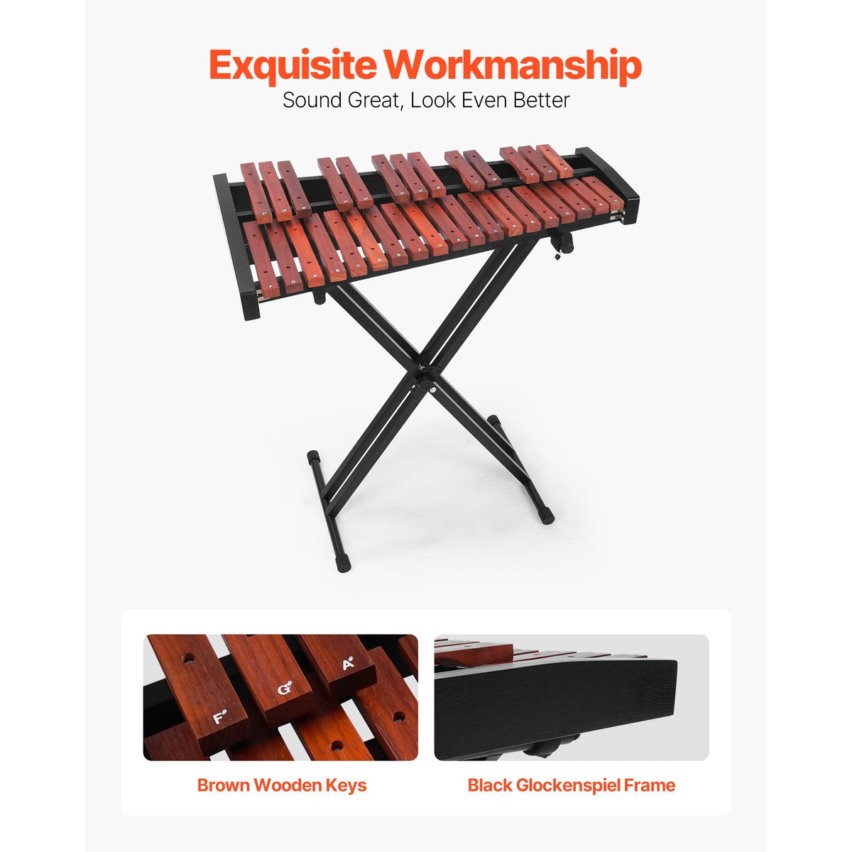 Glockenspiel Xylophone, 32 Notes, Wooden Professional Xylophone Percussion Instrument, with Height Adjustable Stand, 4 Mallets, Carrying Bag, Beginner Musical Instrument Kit for Adults and Kids