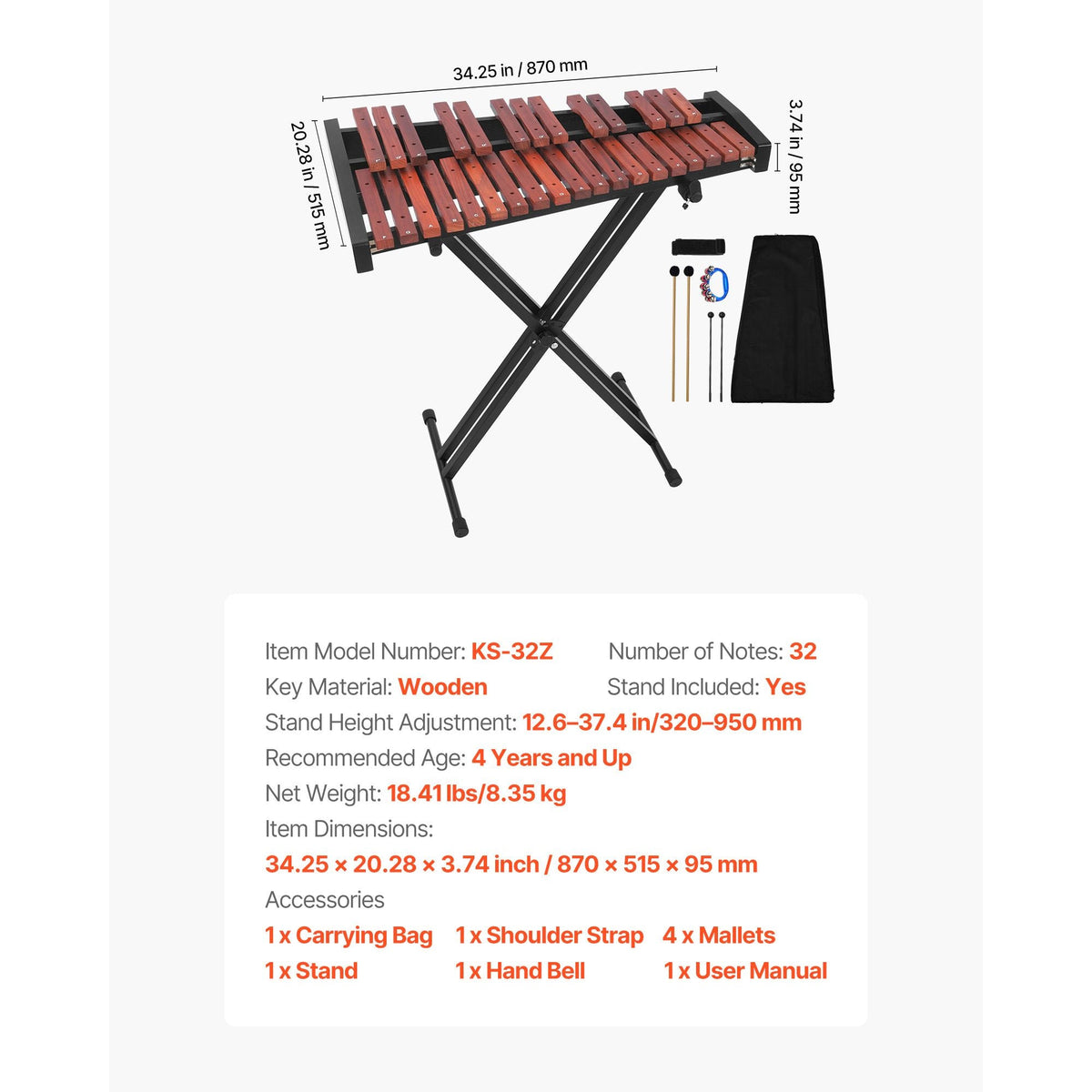 Glockenspiel Xylophone, 32 Notes, Wooden Professional Xylophone Percussion Instrument, with Height Adjustable Stand, 4 Mallets, Carrying Bag, Beginner Musical Instrument Kit for Adults and Kids