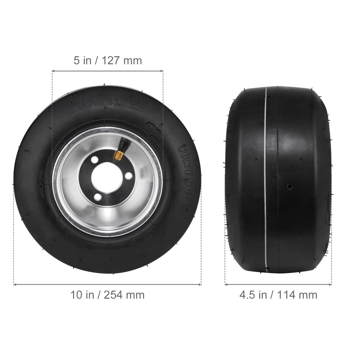 Go Kart Tires and Rims, 10x4.5-5" Go Kart Wheels, 2-Pack Front Wheels, Aluminum Alloy Rims and Rubber Tires, Hub-Rim Fit Bolt Pattern 1.57 inch with 3 Bolt Holes, Replacement Pneumatic Tire