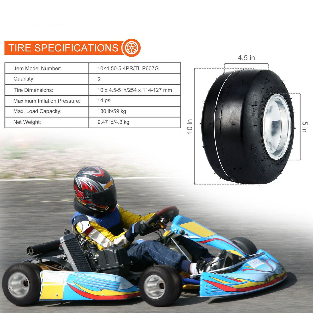 Go Kart Tires and Rims, 10x4.5-5" Go Kart Wheels, 2-Pack Front Wheels, Aluminum Alloy Rims and Rubber Tires, Hub-Rim Fit Bolt Pattern 1.57 inch with 3 Bolt Holes, Replacement Pneumatic Tire