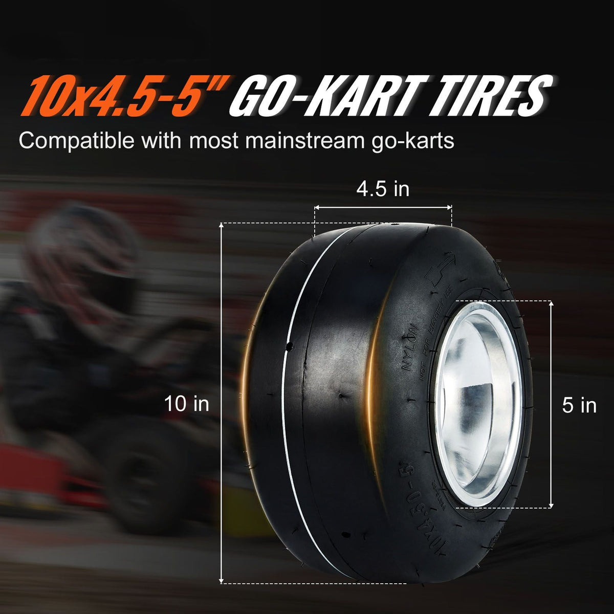 Go Kart Tires and Rims, 10x4.5-5" Go Kart Wheels, 2-Pack Front Wheels, Aluminum Alloy Rims and Rubber Tires, Hub-Rim Fit Bolt Pattern 1.57 inch with 3 Bolt Holes, Replacement Pneumatic Tire