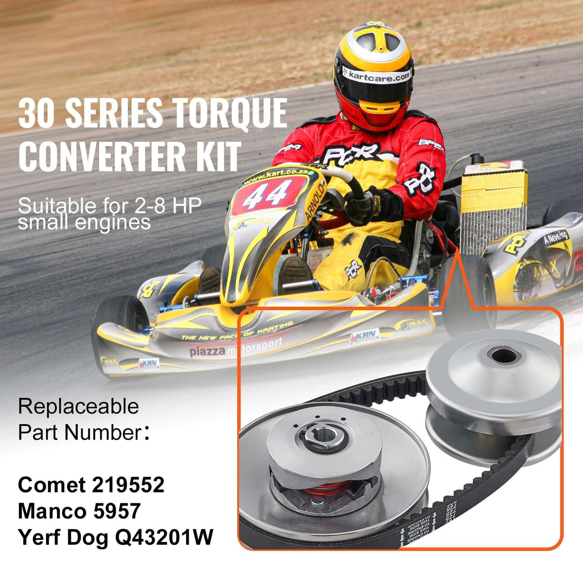 Go-Kart Torque Converter, 3/4" Go-Kart Clutch Kit, 30 Series Asymmetrical Driver Pulley Replacement with Drive Belt, for 2-8 HP Small Engines, Replace Comet 219552, Manco 5957, Yerf Dog Q43201W