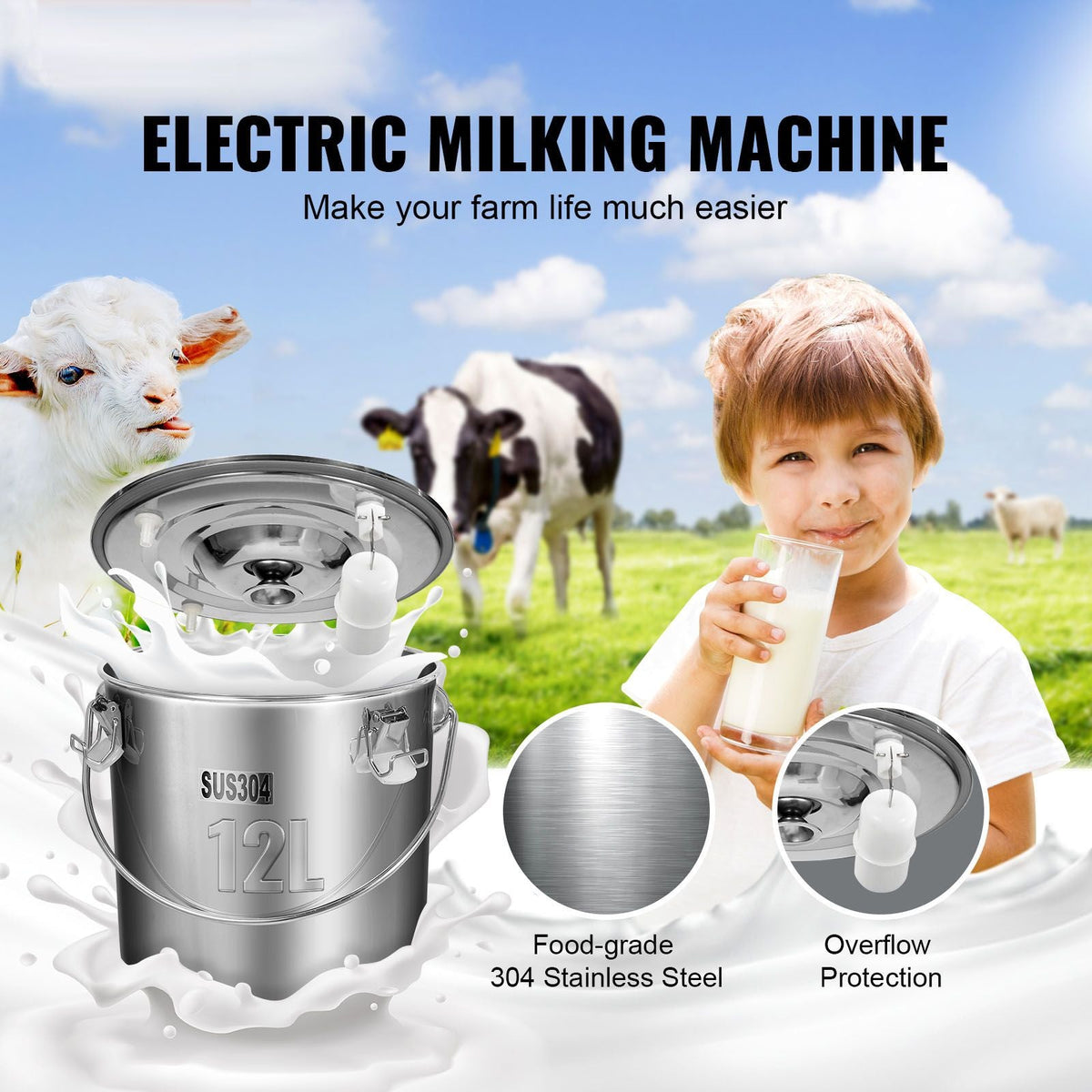 Goat Milking Machine, 12 L 304 Stainless Steel Bucket, Electric Automatic Pulsation Vacuum Milker, Portable Milker with Food-grade Silicone Cups and Tubes, Adjustable Suction for Cows and Sheep