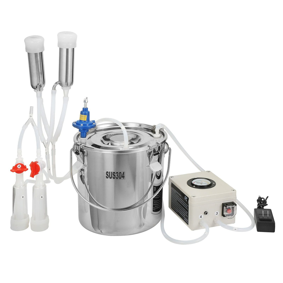 Goat Milking Machine, 12 L 304 Stainless Steel Bucket, Electric Automatic Pulsation Vacuum Milker, Portable Milker with Food-grade Silicone Cups and Tubes, Adjustable Suction for Cows and Sheep