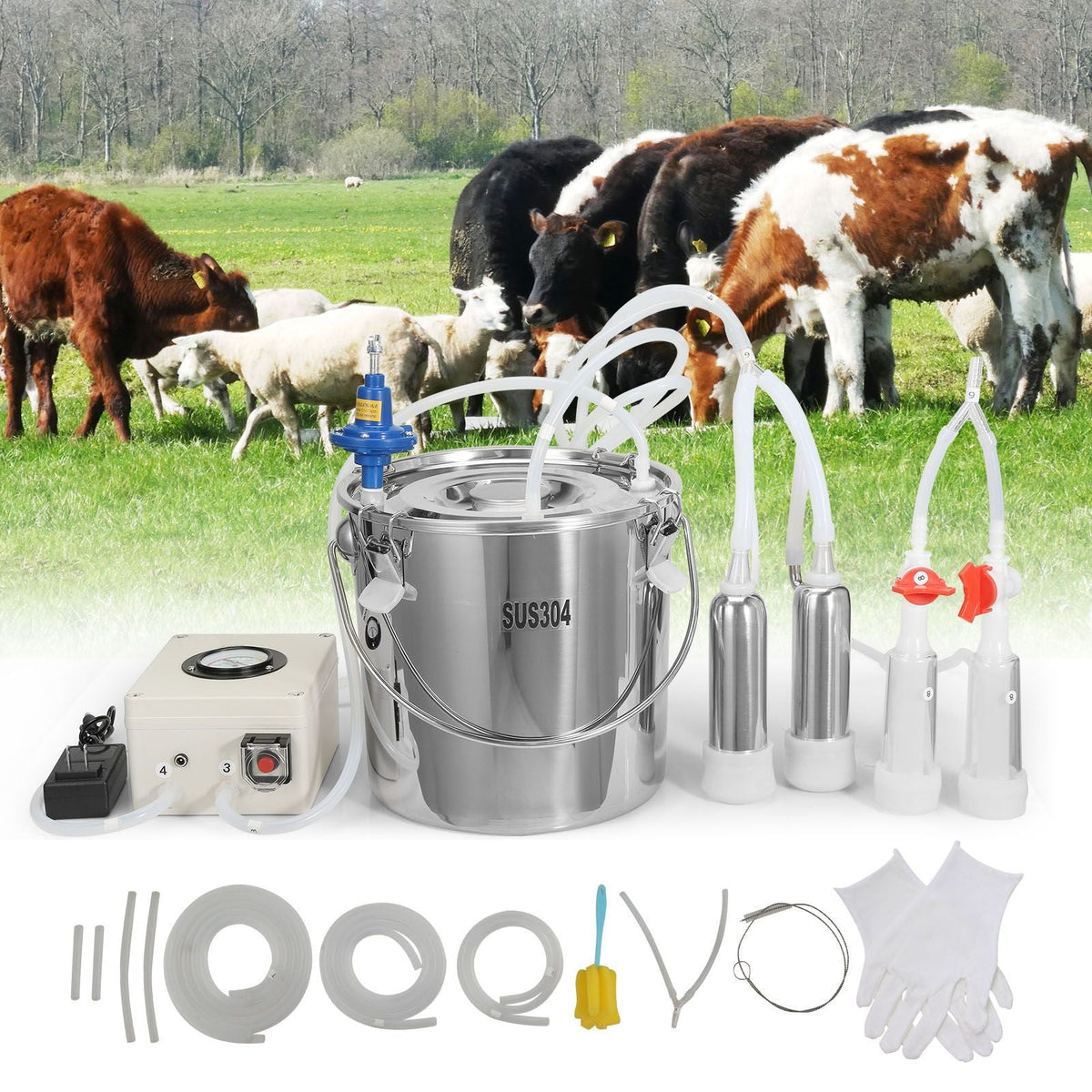 Goat Milking Machine, 12 L 304 Stainless Steel Bucket, Electric Automatic Pulsation Vacuum Milker, Portable Milker with Food-grade Silicone Cups and Tubes, Adjustable Suction for Cows and Sheep