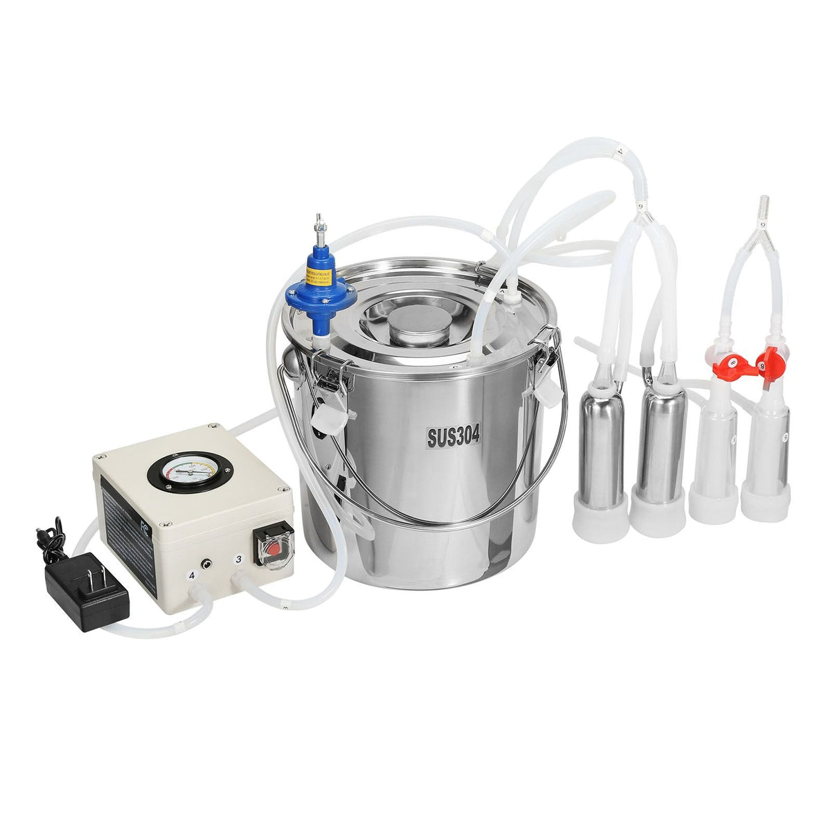Goat Milking Machine, 12 L 304 Stainless Steel Bucket, Electric Automatic Pulsation Vacuum Milker, Portable Milker with Food-grade Silicone Cups and Tubes, Adjustable Suction for Cows and Sheep