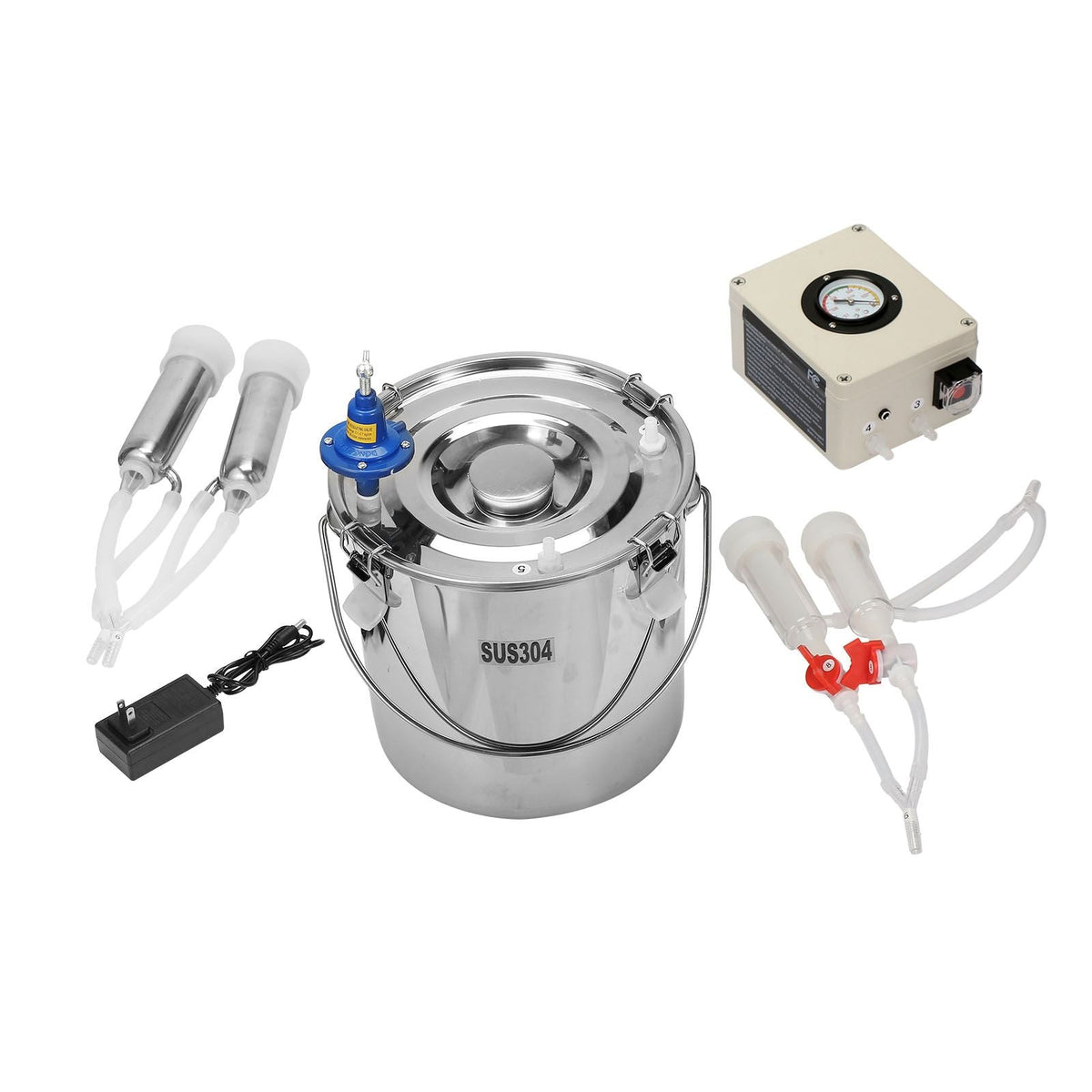 Goat Milking Machine, 12 L 304 Stainless Steel Bucket, Electric Automatic Pulsation Vacuum Milker, Portable Milker with Food-grade Silicone Cups and Tubes, Adjustable Suction for Cows and Sheep