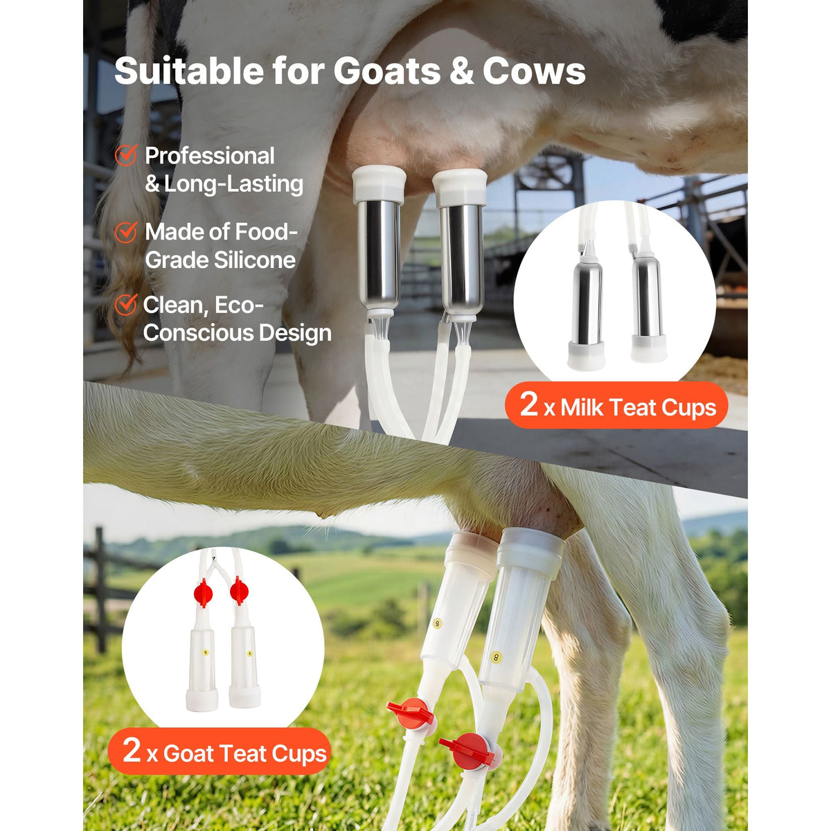 Goat Milking Machine, 1.8 Gal / 7 L Food-Grade Stainless Steel Bucket, 4 Teat Cups for Cows and Goats, with 8000 mAh Rechargeable Battery, Electric Pulsation Milking Machine Portable Milker