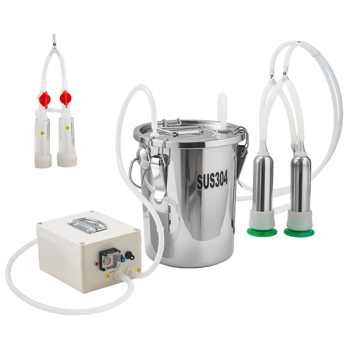 Goat Milking Machine, 1.8 Gal / 7 L Food-Grade Stainless Steel Bucket, 4 Teat Cups for Cows and Goats, with 8000 mAh Rechargeable Battery, Electric Pulsation Milking Machine Portable Milker
