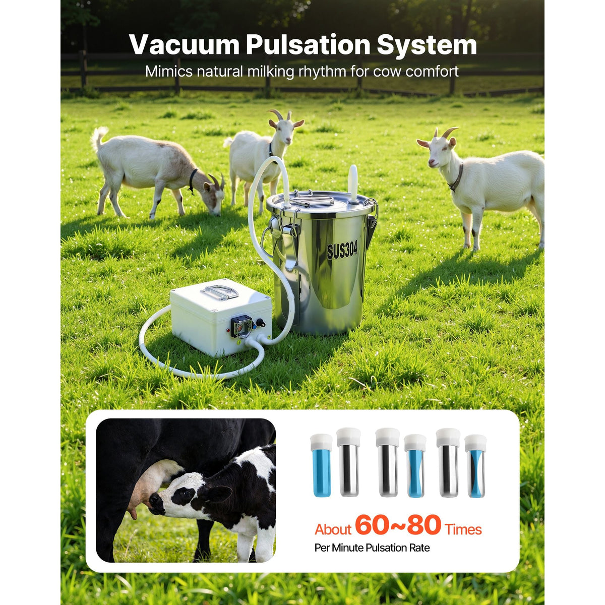 Goat Milking Machine, 1.8 Gal / 7 L Food-Grade Stainless Steel Bucket, 4 Teat Cups for Cows and Goats, with 8000 mAh Rechargeable Battery, Electric Pulsation Milking Machine Portable Milker