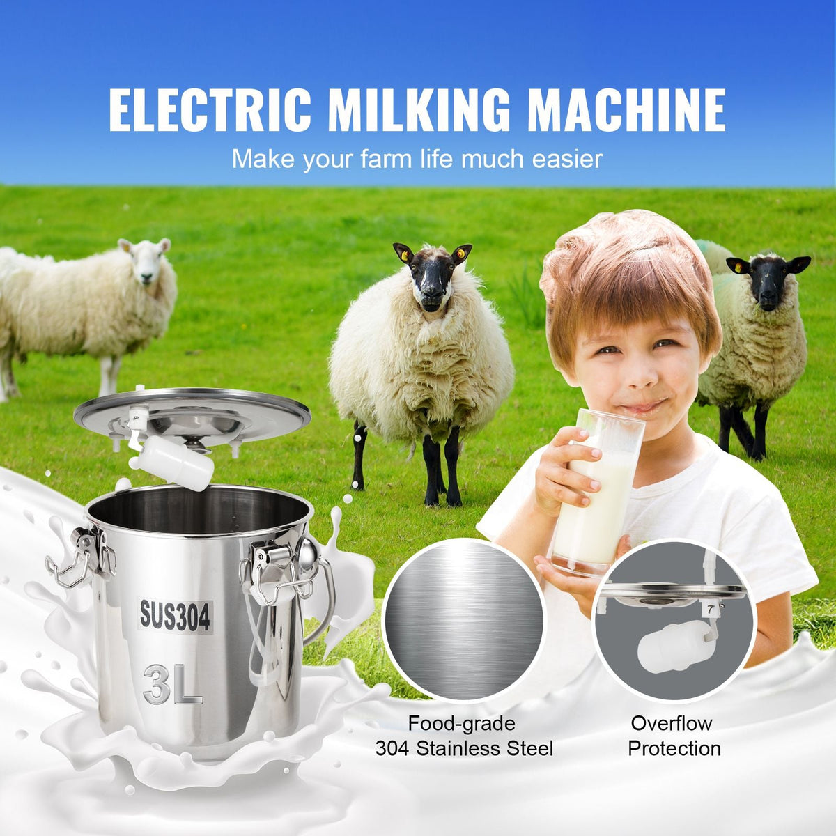 Goat Milking Machine, 3 L 304 Stainless Steel Bucket, Electric Automatic Pulsation Vacuum Milker, Portable Milker with Food-grade Silicone Cups and Tubes, Suction for Sheep