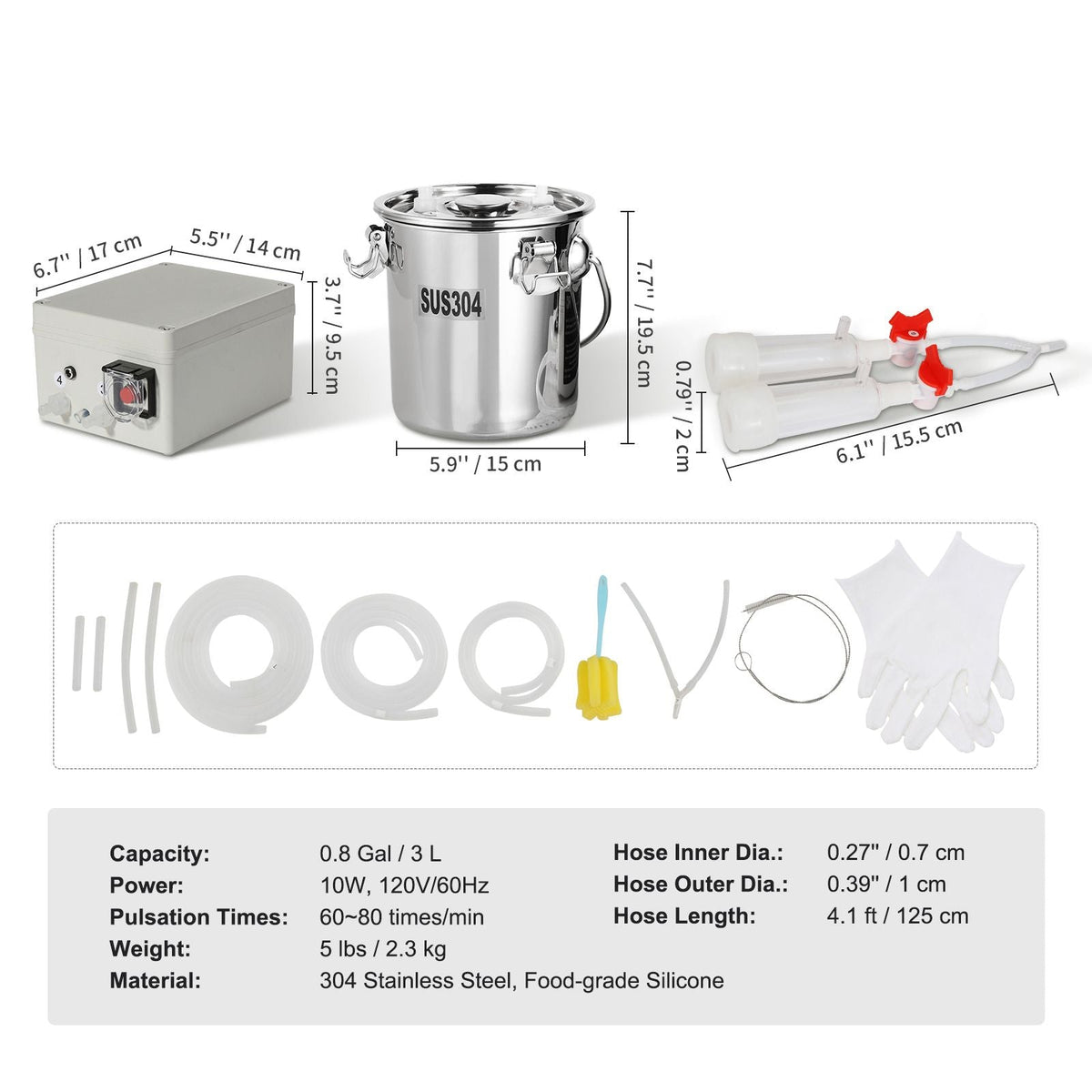 Goat Milking Machine, 3 L 304 Stainless Steel Bucket, Electric Automatic Pulsation Vacuum Milker, Portable Milker with Food-grade Silicone Cups and Tubes, Suction for Sheep