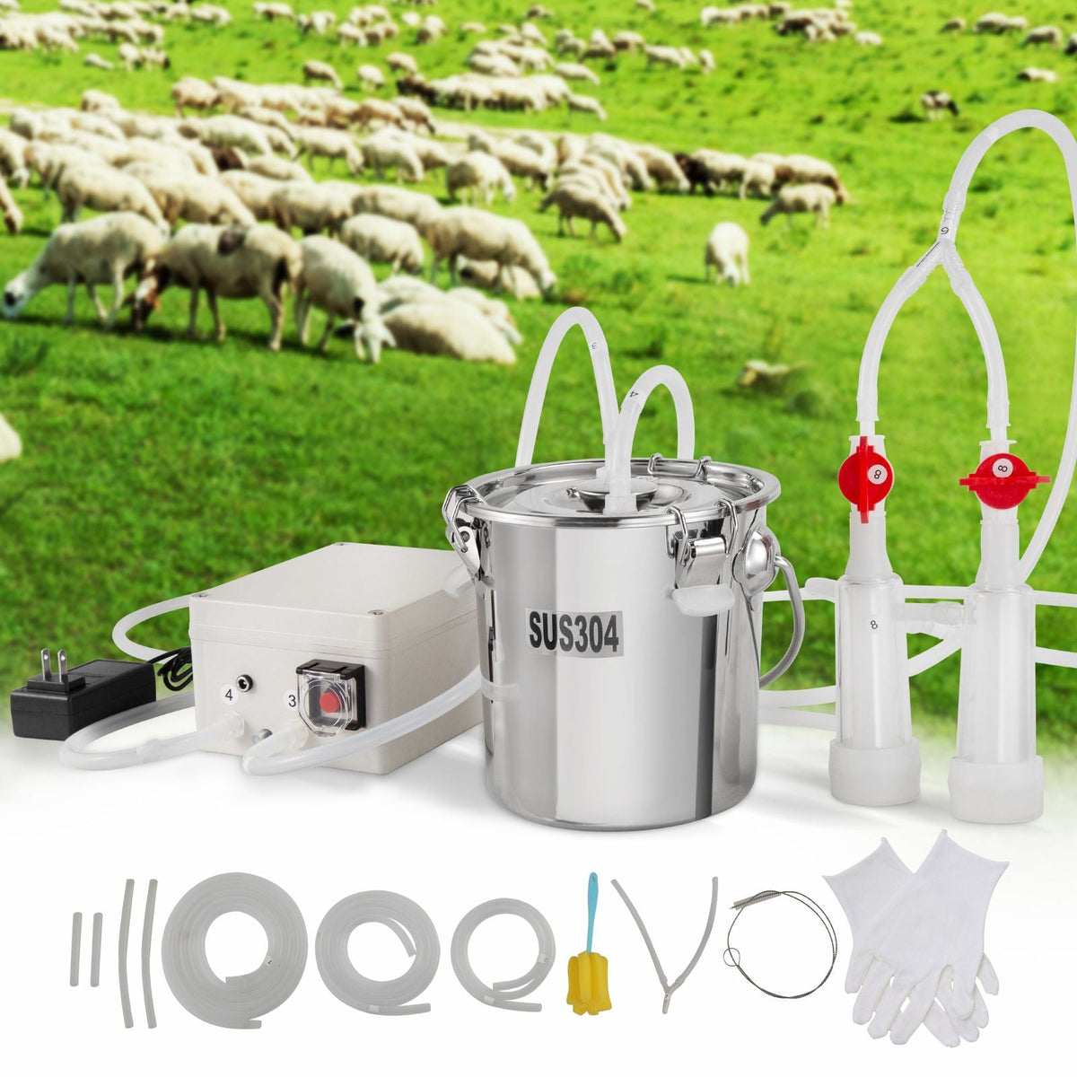 Goat Milking Machine, 3 L 304 Stainless Steel Bucket, Electric Automatic Pulsation Vacuum Milker, Portable Milker with Food-grade Silicone Cups and Tubes, Suction for Sheep