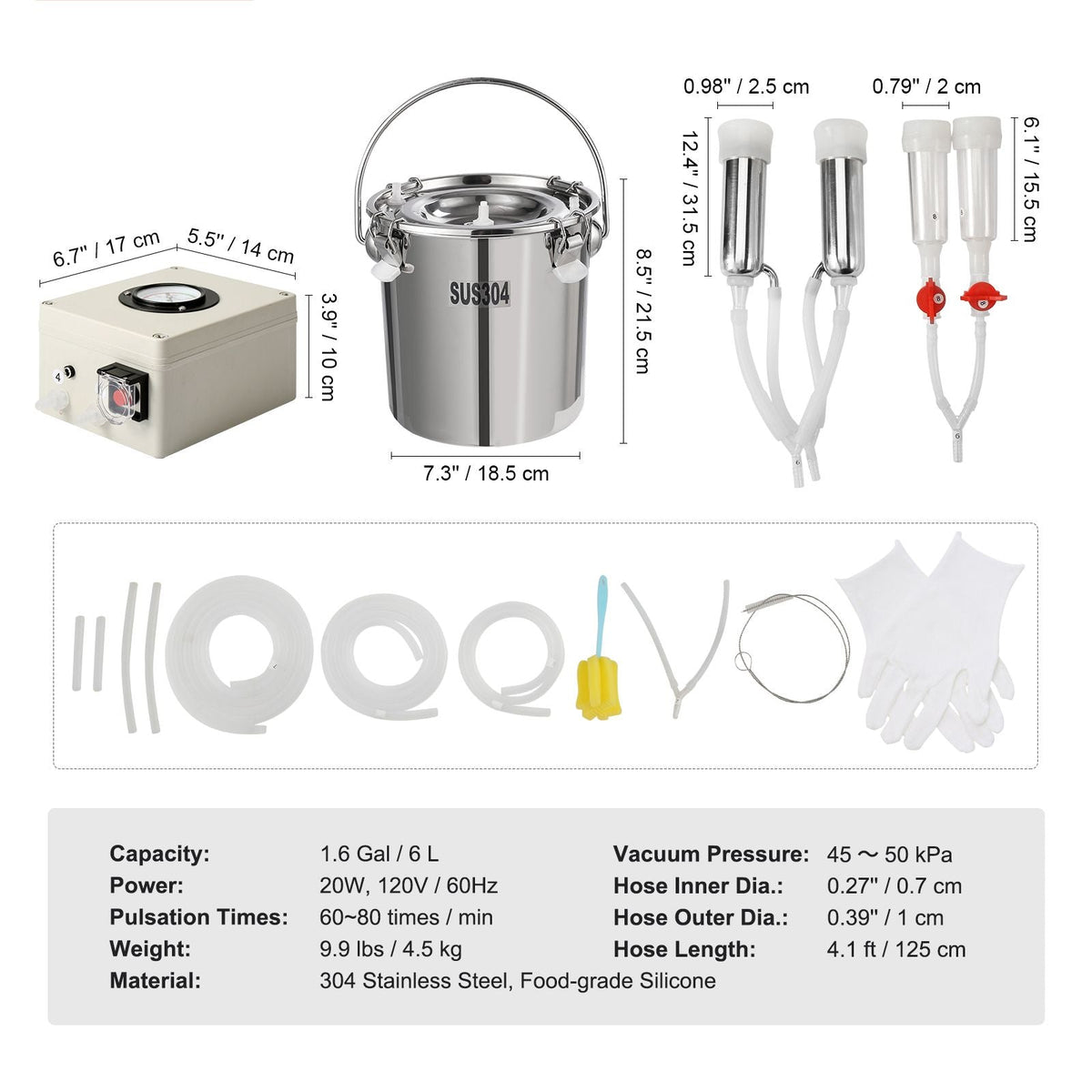 Goat Milking Machine, 6 L 304 Stainless Steel Bucket, Electric Automatic Pulsation Vacuum Milker, Portable Milker with Food-grade Silicone Cups and Tubes, Adjustable Suction for Cows and Sheep