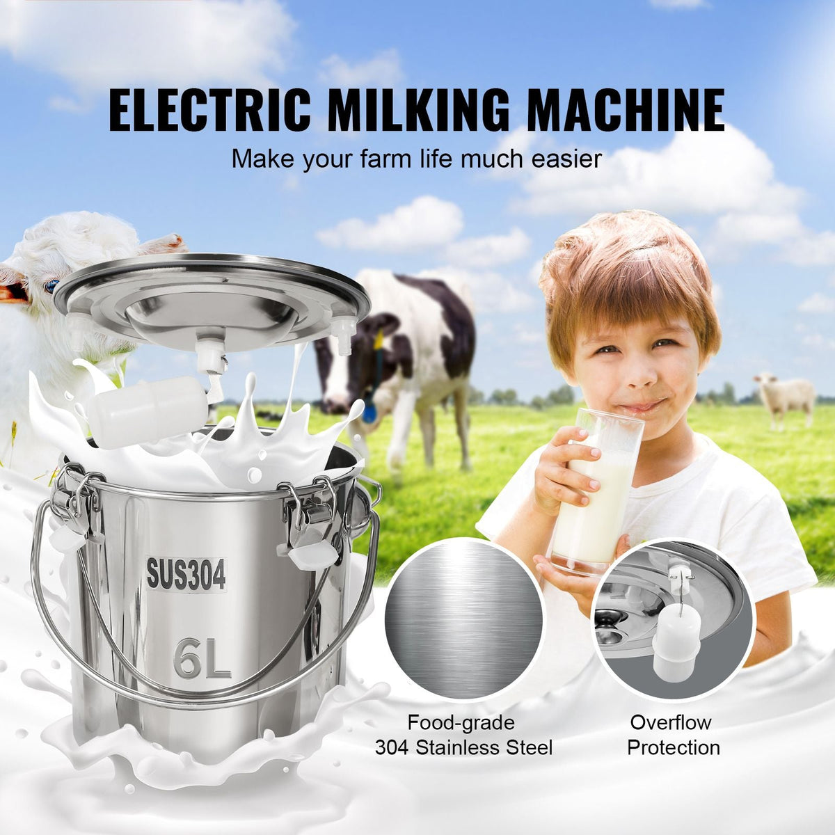 Goat Milking Machine, 6 L 304 Stainless Steel Bucket, Electric Automatic Pulsation Vacuum Milker, Portable Milker with Food-grade Silicone Cups and Tubes, Adjustable Suction for Cows and Sheep