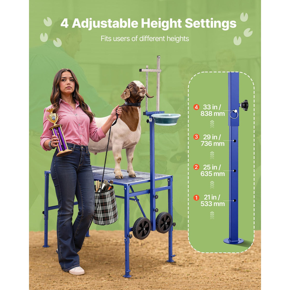 Goat Milking Stand, 600 lbs Heavy Duty Foldable Goat Stand with Feed Bin & Wheels, Adjustable Headpiece & Tool Basket, Stanchion for Grooming & Hoof Trimming, Metal Livestock Platform for Sheep