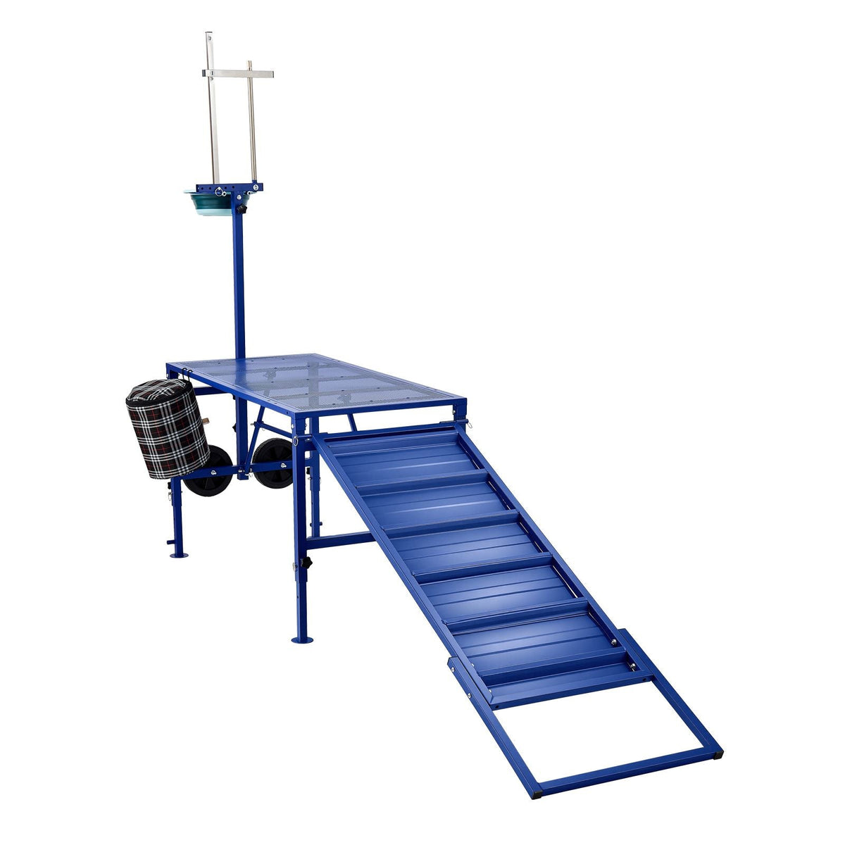 Goat Milking Stand, 600 lbs Heavy Duty Foldable Goat Stand with Ramp, Feed Bin & Wheels, Adjustable Headpiece & Basket, Stanchion for Grooming & Hoof Trimming, Metal Livestock Platform for Sheep