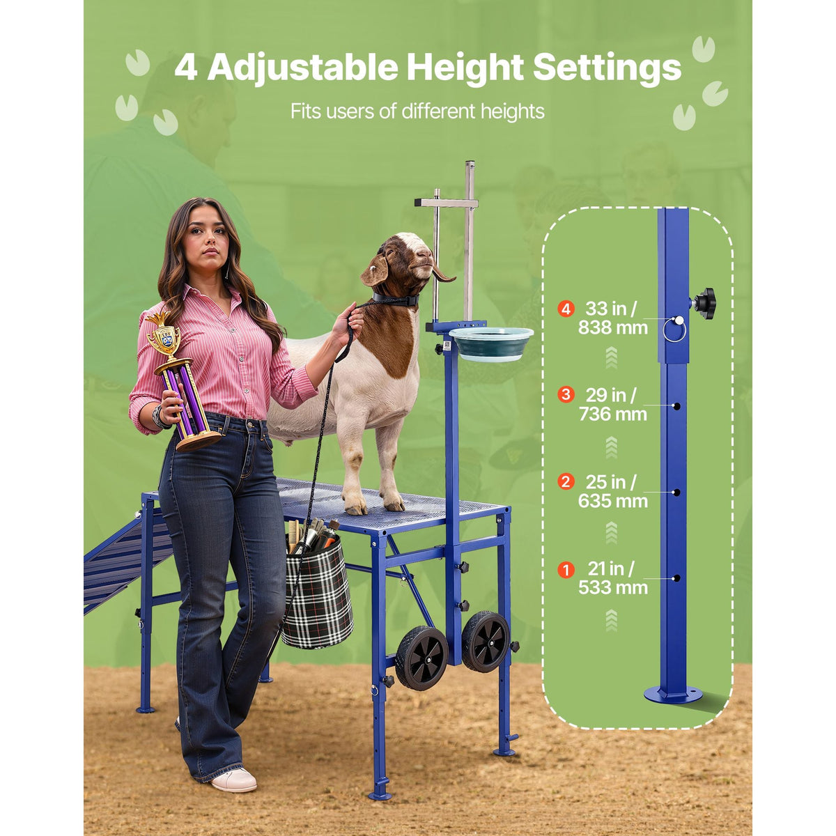 Goat Milking Stand, 600 lbs Heavy Duty Foldable Goat Stand with Ramp, Feed Bin & Wheels, Adjustable Headpiece & Basket, Stanchion for Grooming & Hoof Trimming, Metal Livestock Platform for Sheep