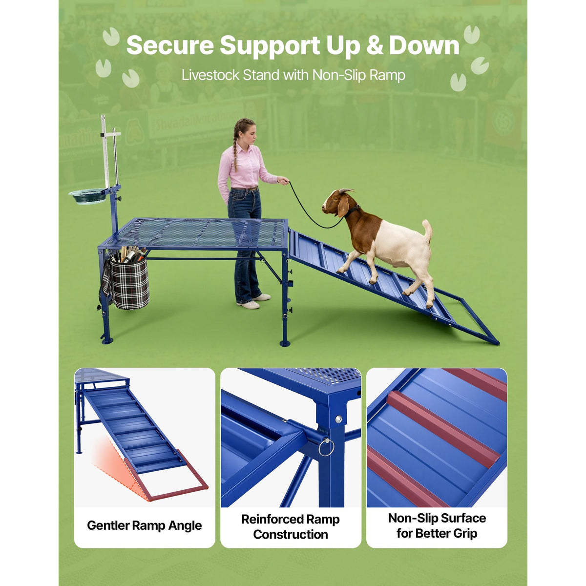 Goat Milking Stand, 600 lbs Heavy Duty Foldable Goat Stand with Ramp, Feed Bin & Wheels, Adjustable Headpiece & Basket, Stanchion for Grooming & Hoof Trimming, Metal Livestock Platform for Sheep