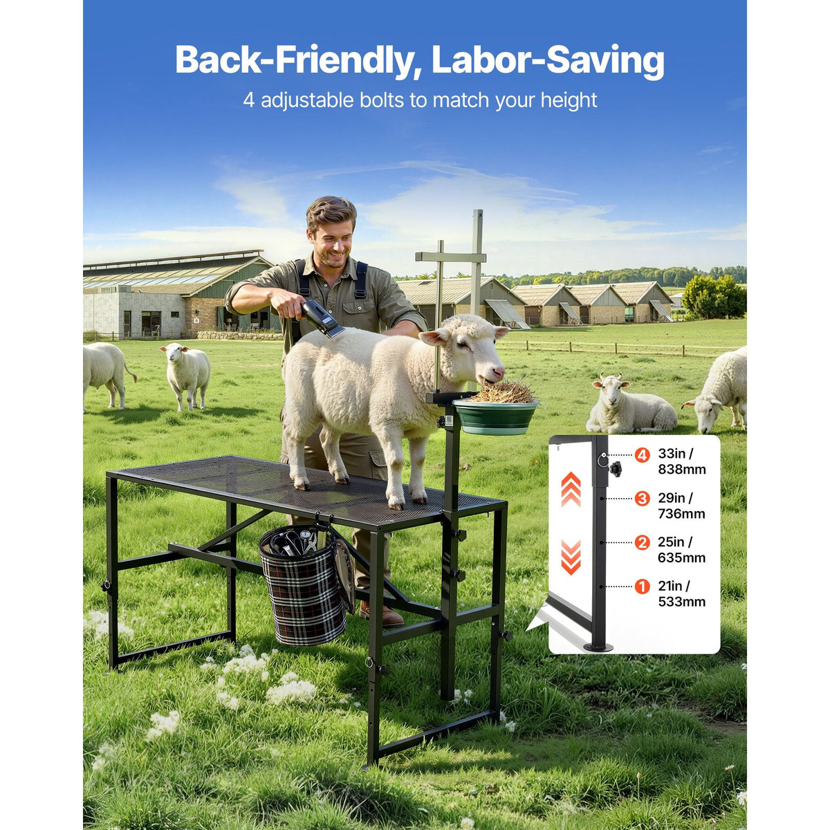 Goat Milking Stand, 600 lbs Heavy Duty Goat Stand with Feed Bin, Adjustable Headpiece & Tool Basket, Stanchion for Grooming & Hoof Trimming, Metal Livestock Platform for Sheep, 51" x 23", Black