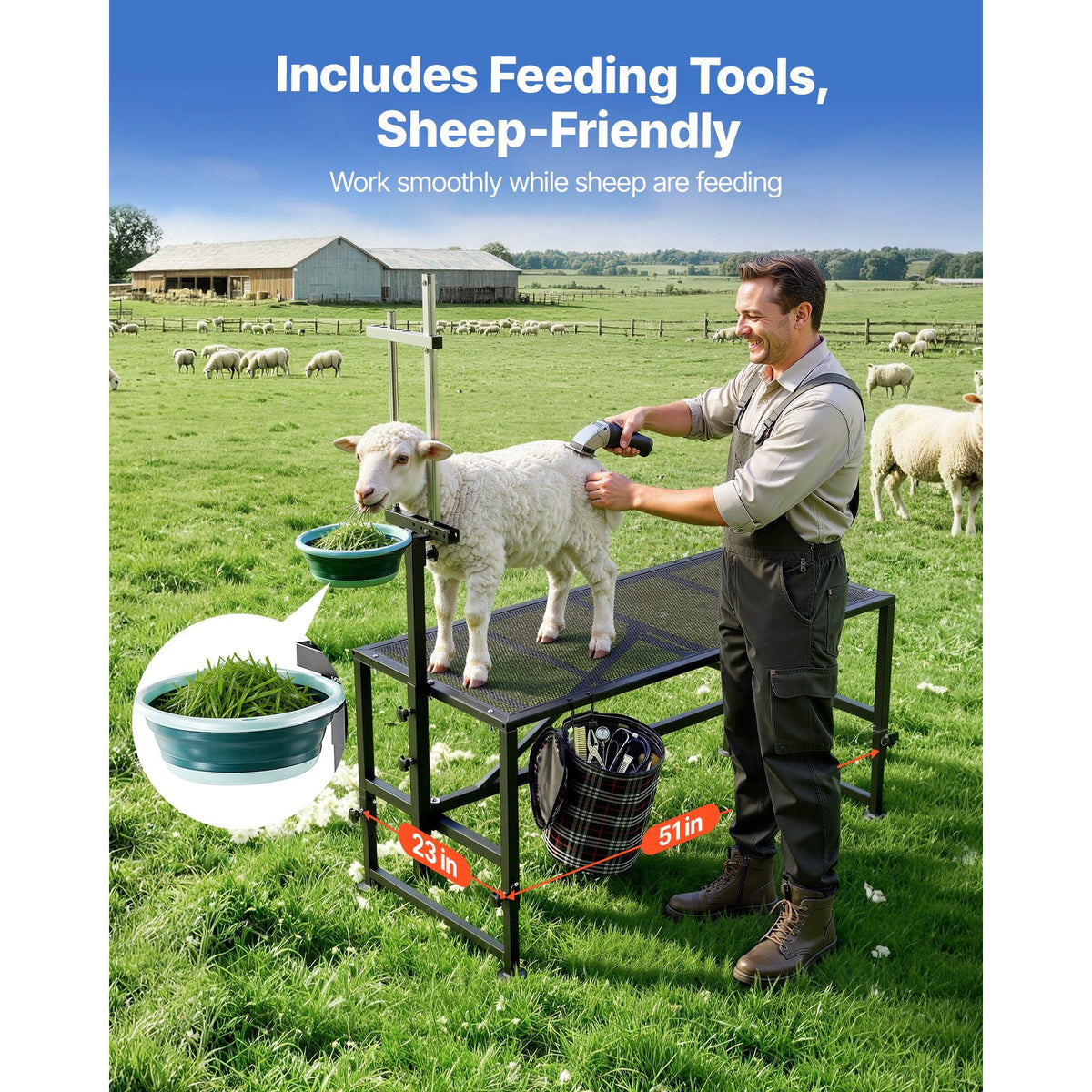Goat Milking Stand, 600 lbs Heavy Duty Goat Stand with Feed Bin, Adjustable Headpiece & Tool Basket, Stanchion for Grooming & Hoof Trimming, Metal Livestock Platform for Sheep, 51" x 23", Black