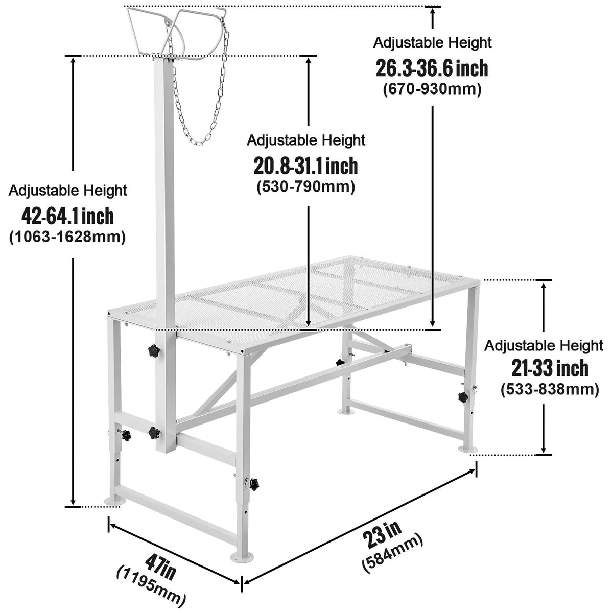 Goat & Sheep Stand, 47x23 inch Livestock Stand, Metal Livestock Milking and Shearing Stand 21" to 33" Adjustable Height, with Headpiece and Nose Loop, 500lbs Loading Weight, White