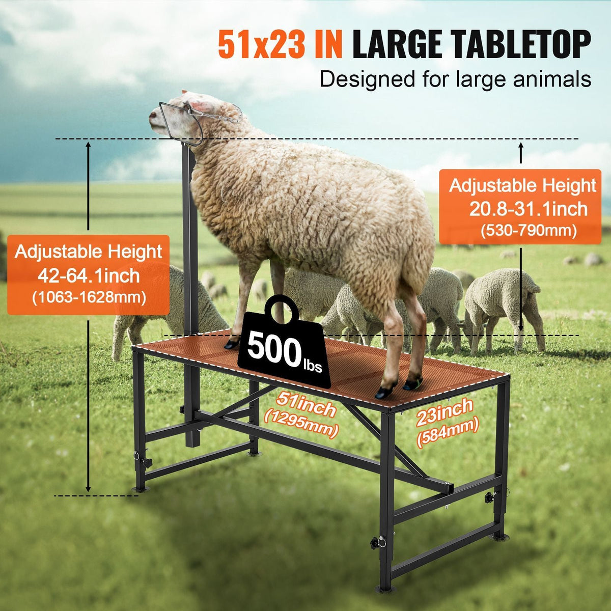 Goat & Sheep Stand, 51x23 inch Livestock Stand, Metal Livestock Milking and Shearing Stand 21" to 33" Adjustable Height, with Headpiece and Nose Loop, 500lbs Loading Weight, Black