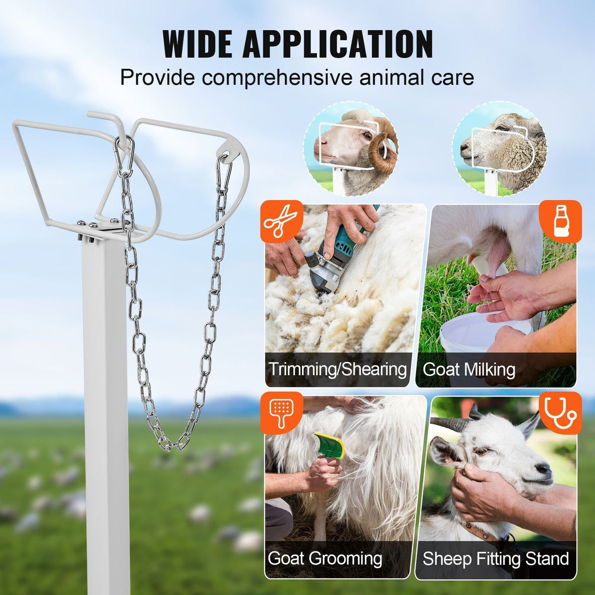 Goat & Sheep Stand, 51x23 inch Livestock Stand, Metal Livestock Milking and Shearing Stand 21" to 33" Adjustable Height, with Headpiece and Nose Loop, 500lbs Loading Weight, White