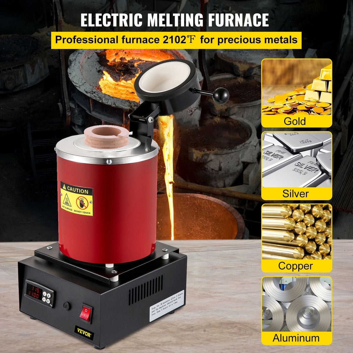Gold Melting Furnace, 1350W, 2102 Fahrenheit Max Temperature, 3 kg Digital Electric Melting Furnace, with 1 kg and 3 kg Ceramic Crucible and Ingot Die for Processing of Gold, Silver, Copper