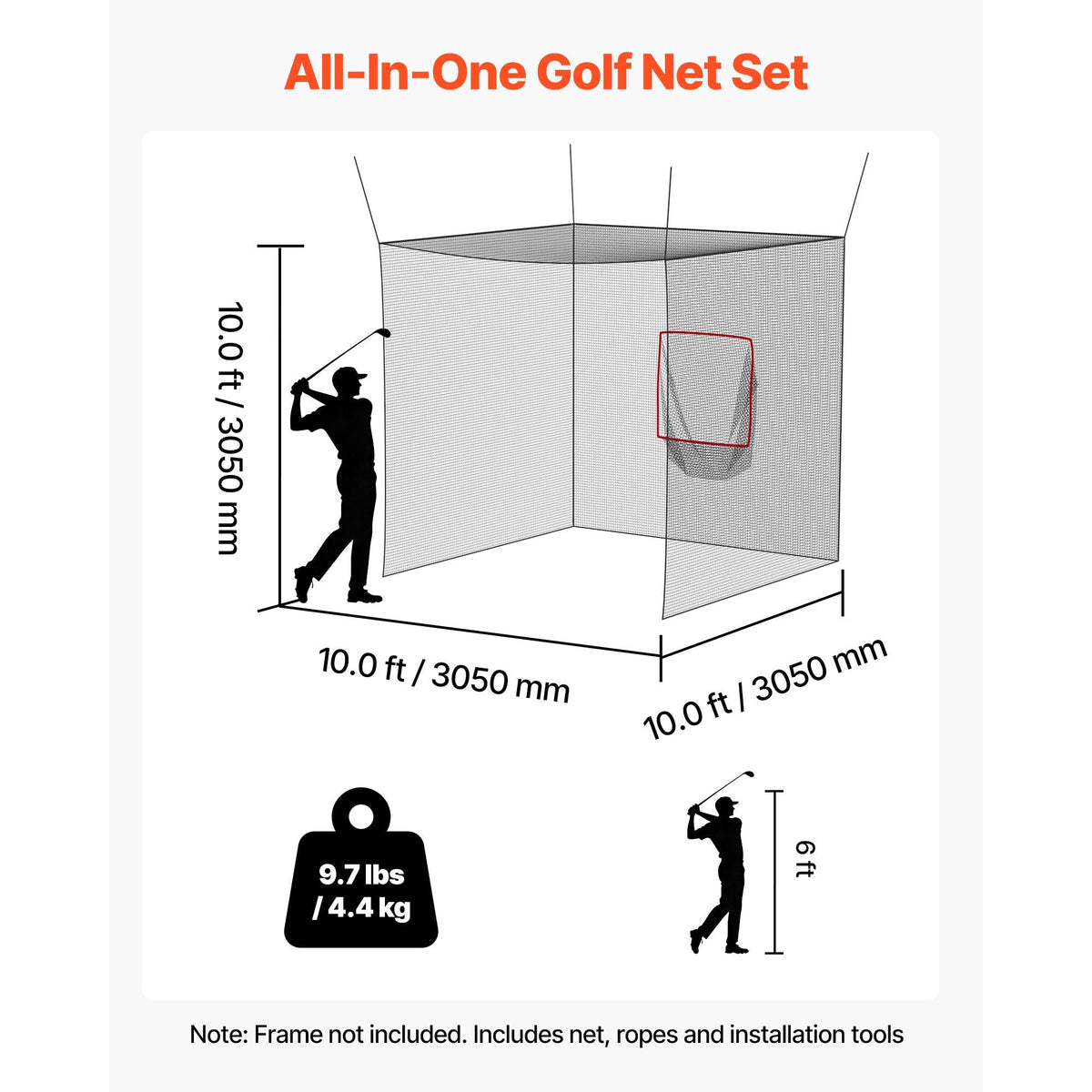 Golf Batting Cage, 10 x 10 x 10 FT Golf Cage, Driving Hitting Cages with 3-Ply Knotless Polyester, Golfs Target & 9-Hole Baseball Target, Golfs Hitting Net for Indoor, Outdoor, Backyard