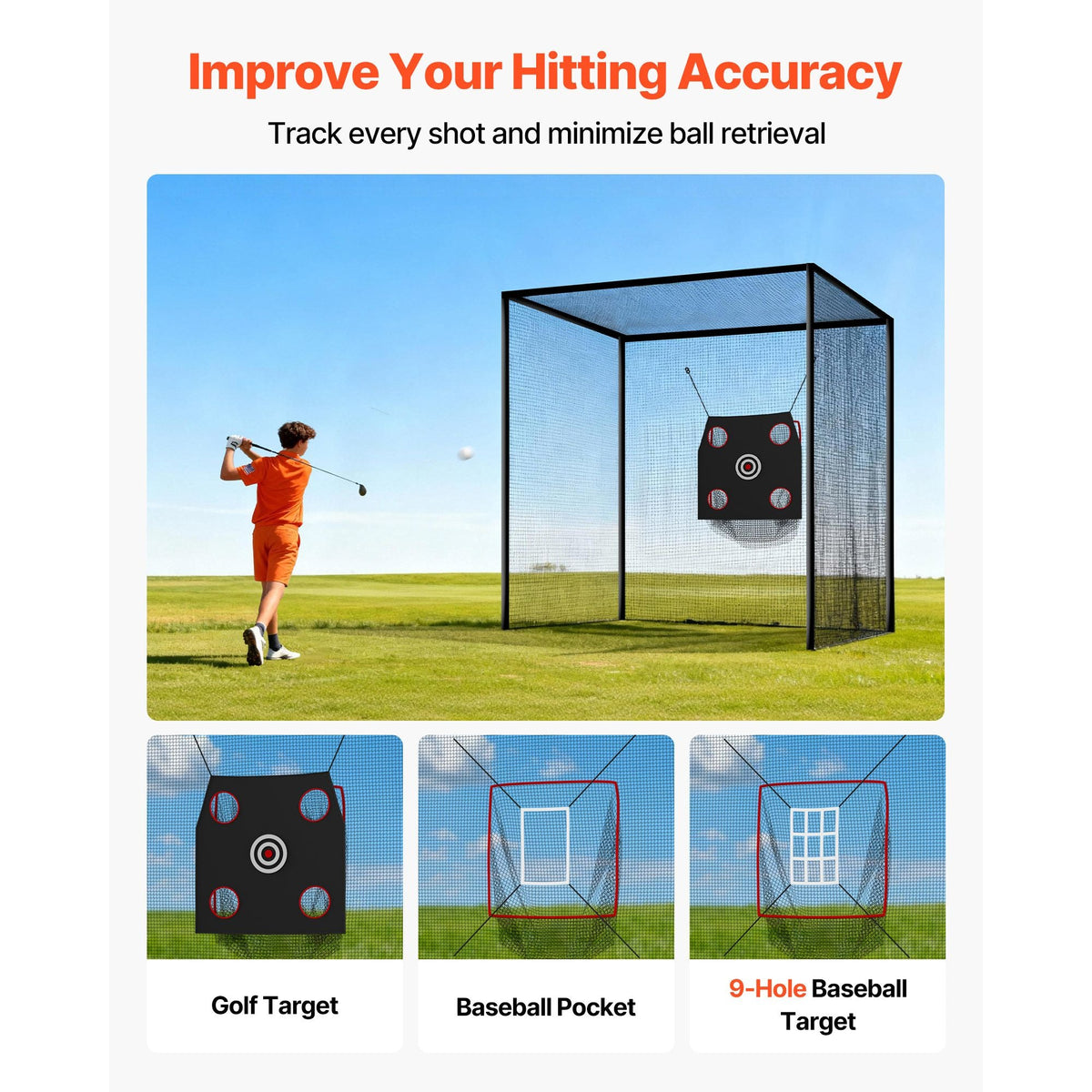 Golf Batting Cage, 10 x 10 x 10 FT Golf Cage, Driving Hitting Cages with 3-Ply Knotless Polyester, Golfs Target & 9-Hole Baseball Target, Golfs Hitting Net for Indoor, Outdoor, Backyard