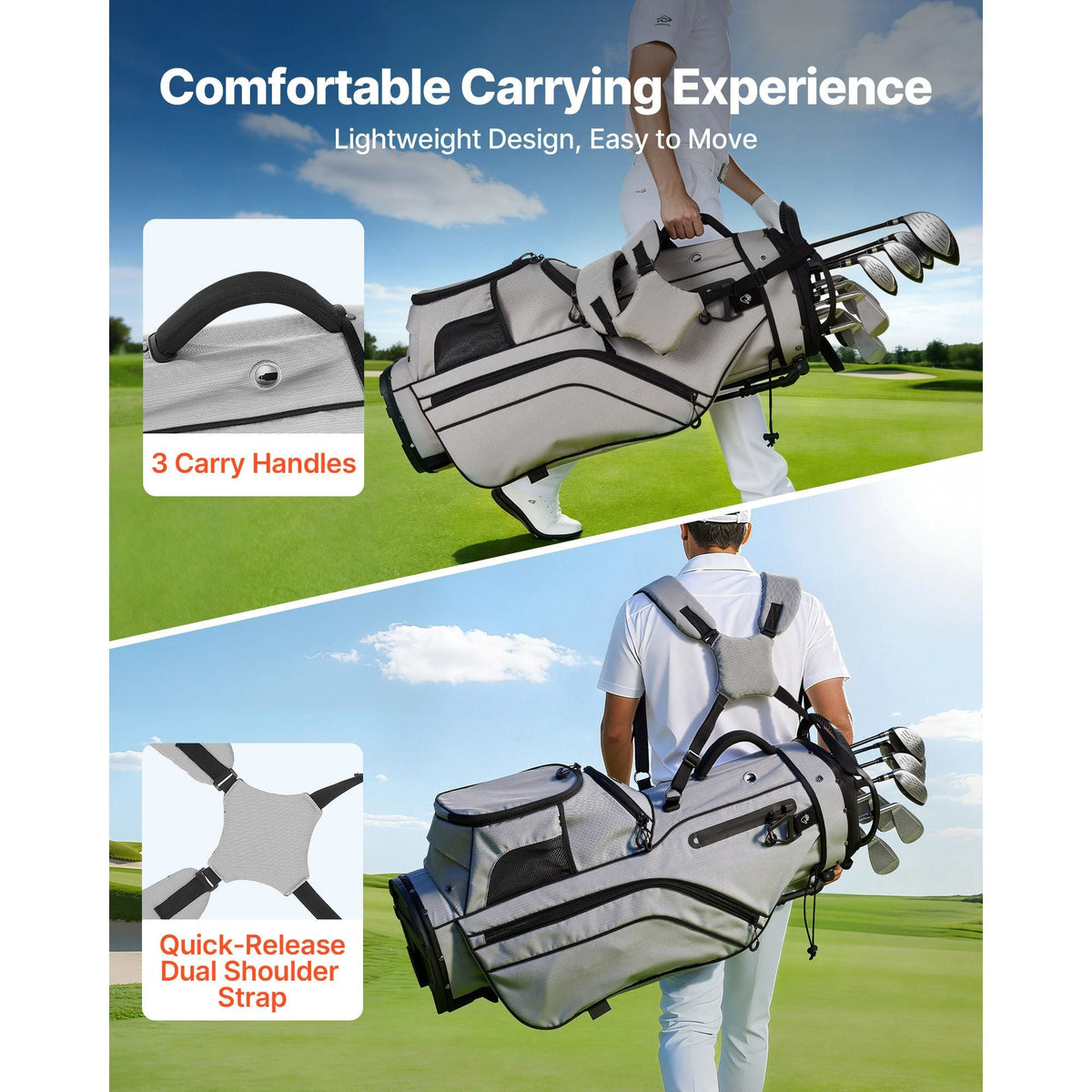 Golf Cart Bag, 14 Way Top Divider Organizer, 2-in-1 Golf Club Bag with Full-length Divider, Dual Shoulder Straps, Support Legs, Rain Hood, Storage Pockets, Lightweight Polyester for Men & Women