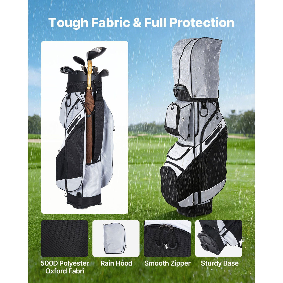 Golf Cart Bag, 14 Way Top Divider Organizer, Golf Club Bag with Full-length Divider, Handles, Storage Pockets, Shoulder Strap, Rain Hood, Smooth Zippers, Lightweight Polyester for Men & Women