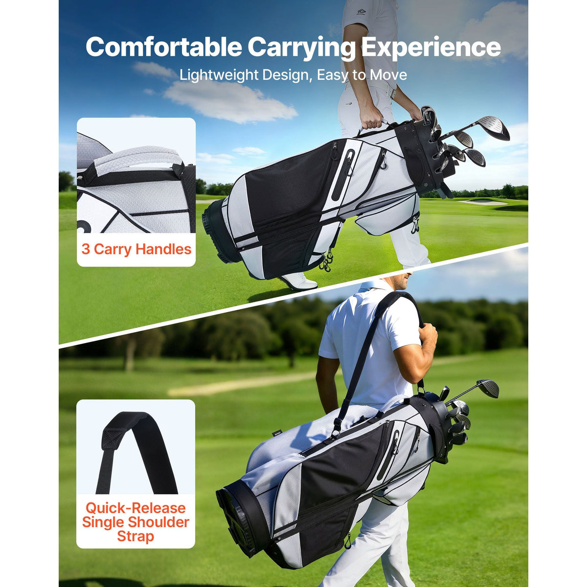 Golf Cart Bag, 14 Way Top Divider Organizer, Golf Club Bag with Full-length Divider, Handles, Storage Pockets, Shoulder Strap, Rain Hood, Smooth Zippers, Lightweight Polyester for Men & Women