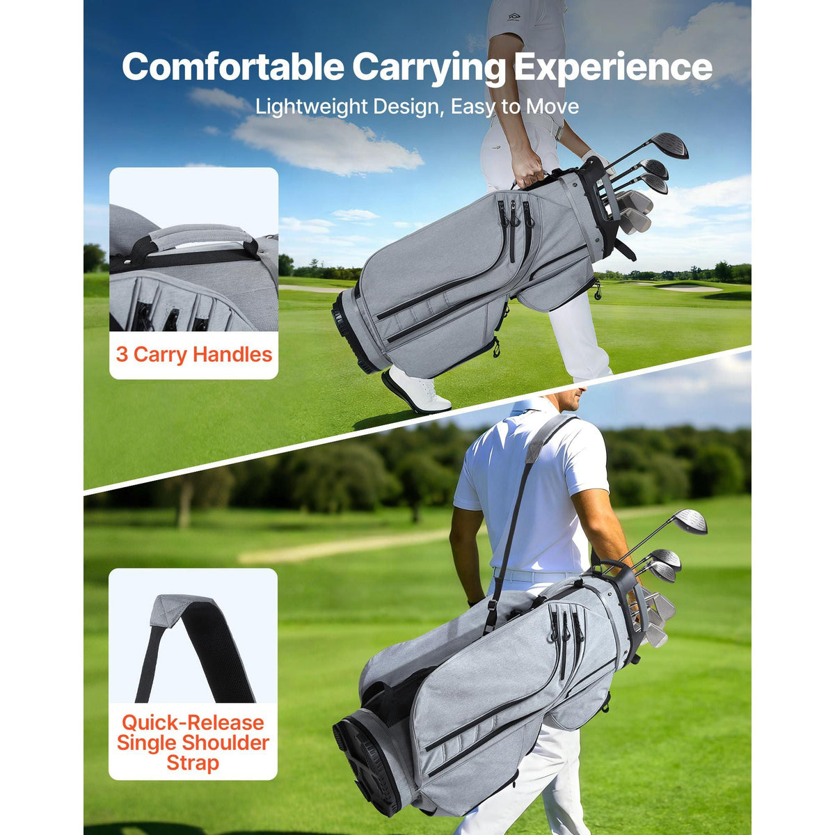 Golf Cart Bag, 15 Way Top Divider Organizer, Golf Club Bag with Full-length Divider, Rain Hood, Storage Pockets, Shoulder Strap, High-Strength Polyester, Silicone Head Protection for Men & Women