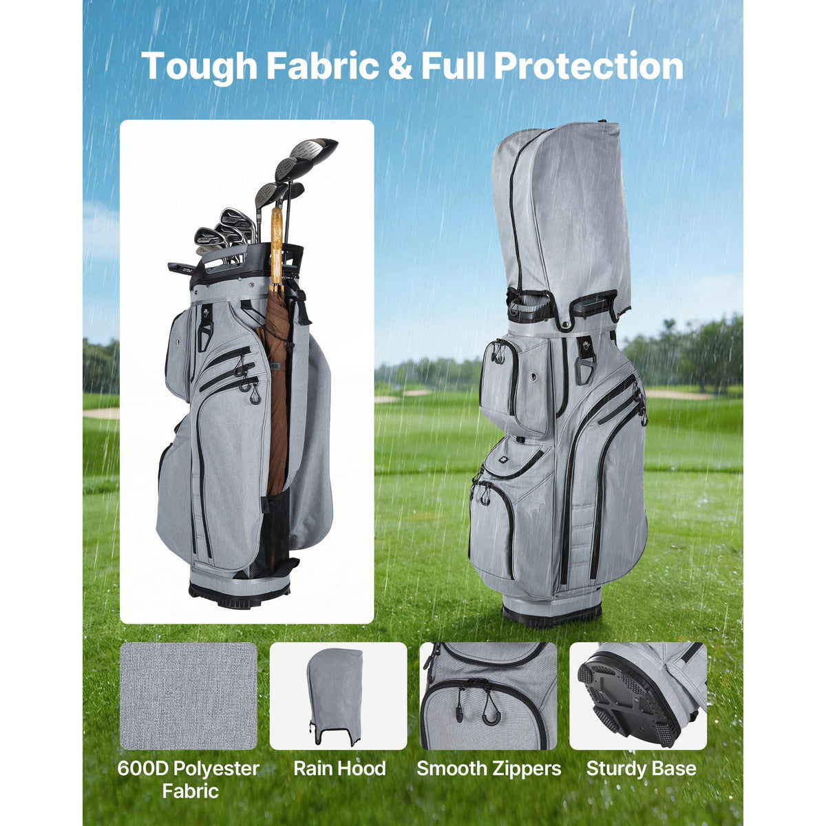 Golf Cart Bag, 15 Way Top Divider Organizer, Golf Club Bag with Full-length Divider, Rain Hood, Storage Pockets, Shoulder Strap, High-Strength Polyester, Silicone Head Protection for Men & Women