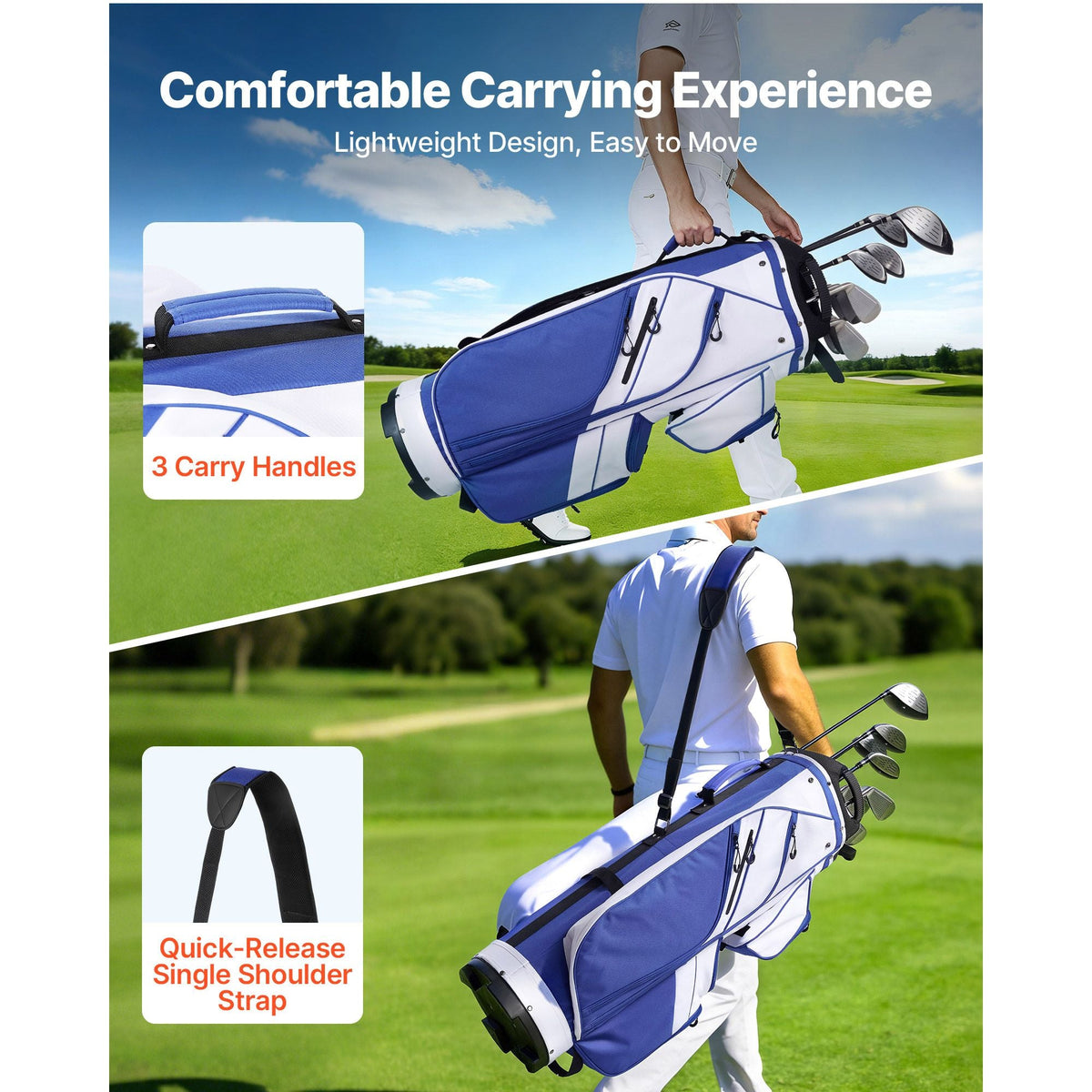 Golf Cart Bag, 15 Way Top Divider Organizer, Golf Club Bag with Full-length Divider, Storage Pockets, Ergonomic Shoulder Strap, Rain Hood, Smooth Zippers, Lightweight Polyester for Men & Women