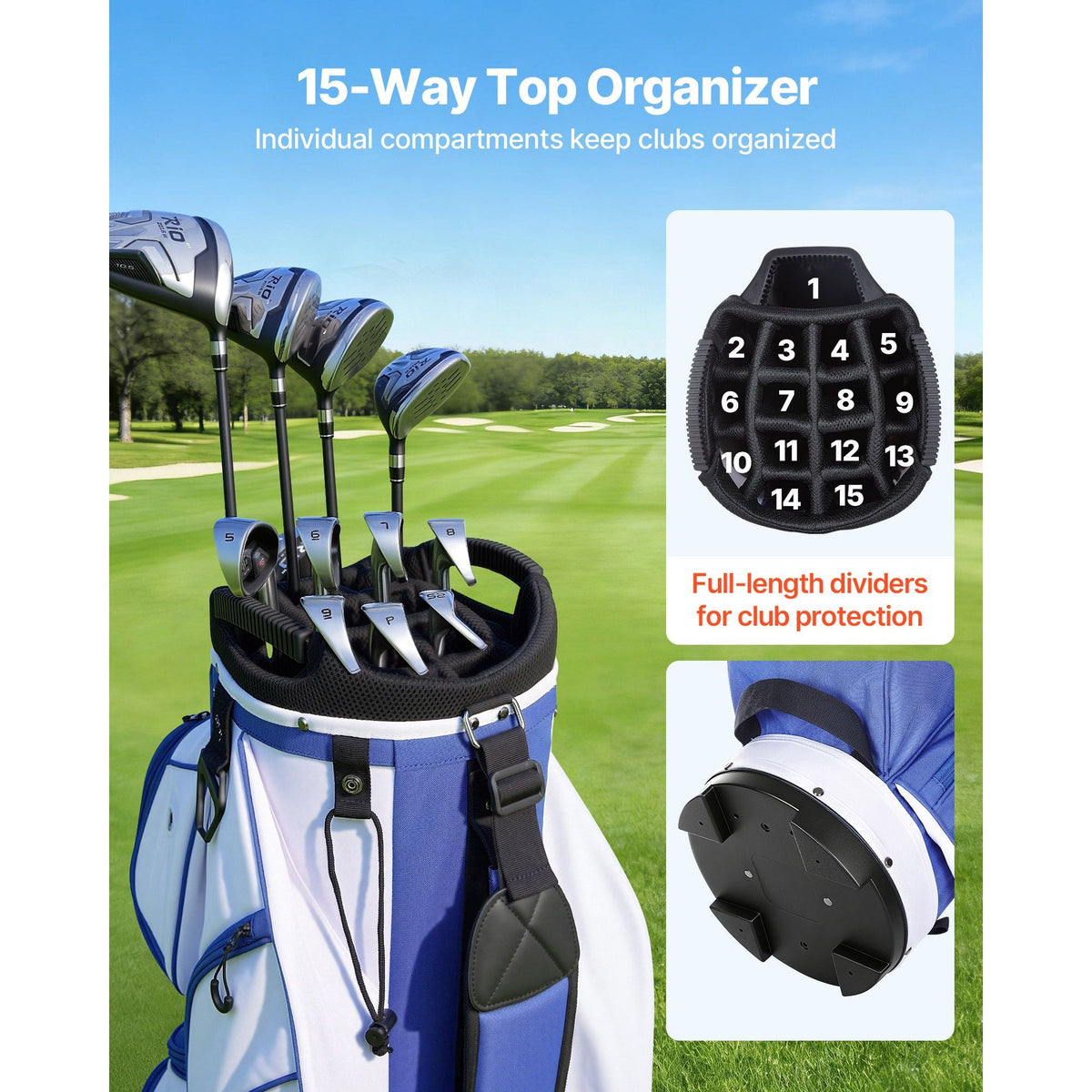 Golf Cart Bag, 15 Way Top Divider Organizer, Golf Club Bag with Full-length Divider, Storage Pockets, Ergonomic Shoulder Strap, Rain Hood, Smooth Zippers, Lightweight Polyester for Men & Women