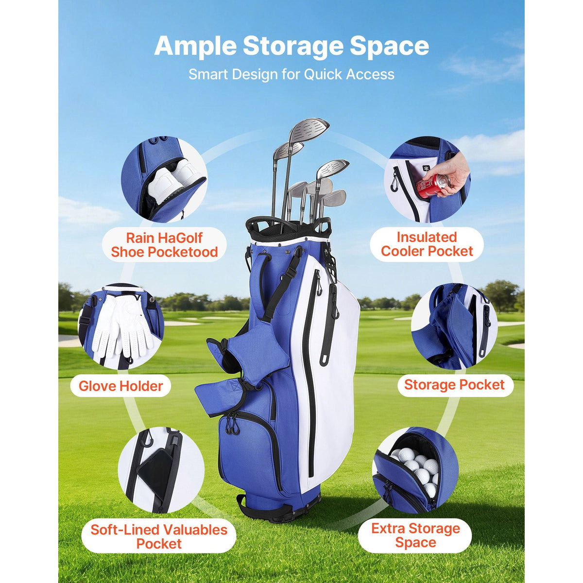 Golf Cart Bag, 7 Way Top Divider Organizer, Club Stand Bag with Full-length Divider, Handles, Dual Support Legs, Storage Pockets, Dual Shoulder Straps, Rain Hood, Lightweight for Men and Women