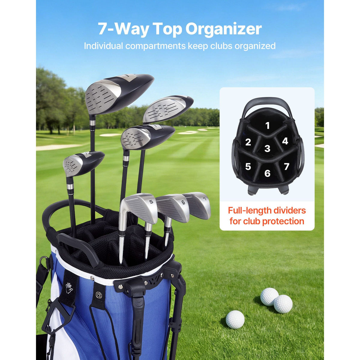Golf Cart Bag, 7 Way Top Divider Organizer, Club Stand Bag with Full-length Divider, Handles, Dual Support Legs, Storage Pockets, Dual Shoulder Straps, Rain Hood, Lightweight for Men and Women