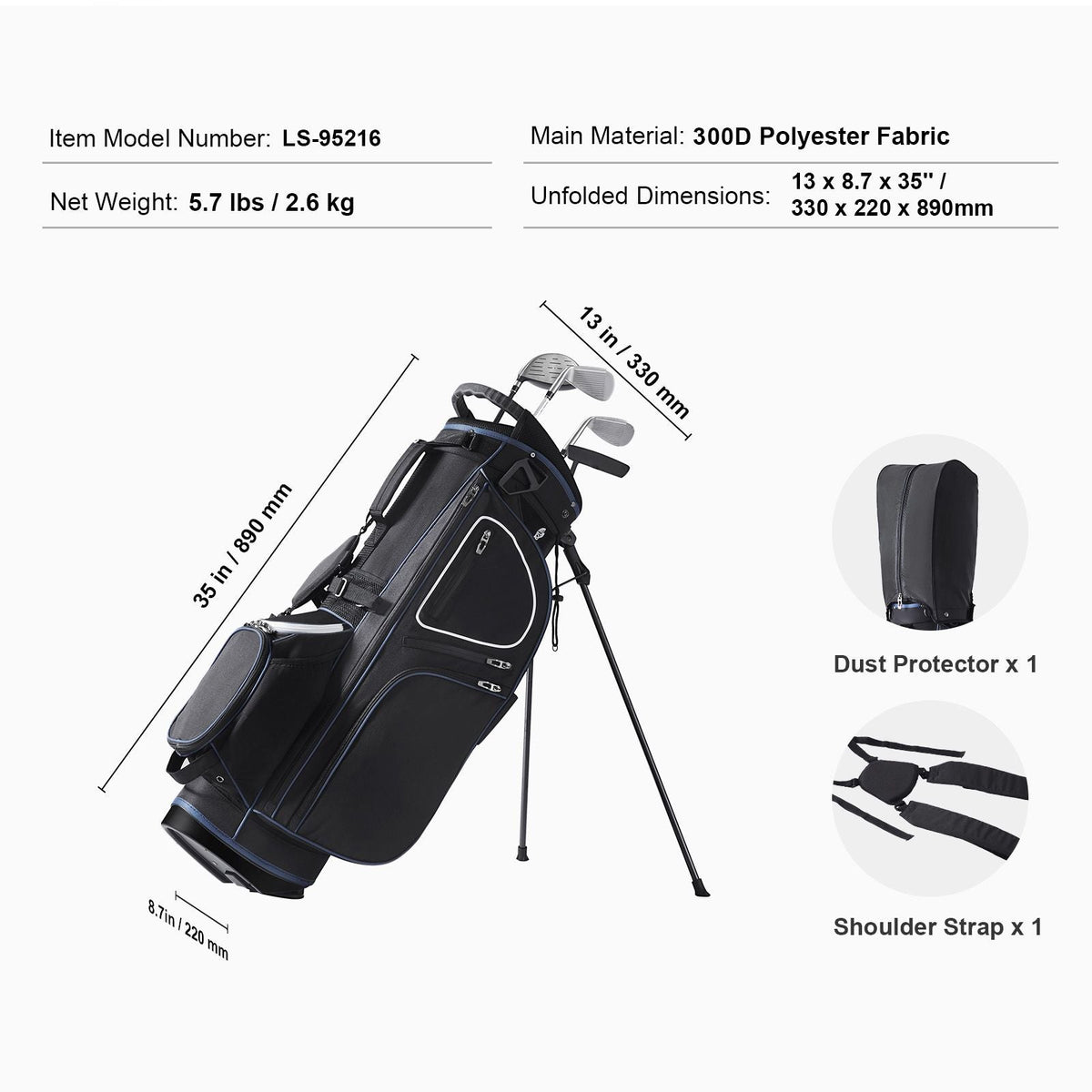 Golf Cart Bag with 14 Way Organizer Divider Top, 35' 11 Pockets Premium Cart Bag with Stand, Durable Golf Bags with Handles & Dust Cover & Detachable Dual Strap for Men & Women, Black White