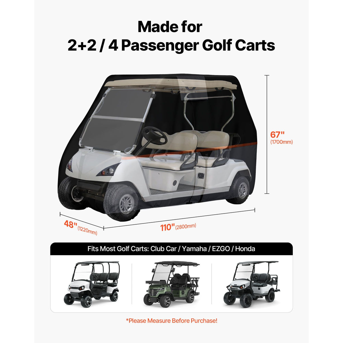 Golf Cart Cover, Full Coverage 2+2/4 Passenger Golf Cart, 420D Waterproof Oxford Fabric Club Car Cover Fits Most Carts Club Car, Yamaha, EZGO, Honda, Silver-Coated Layer & Three Zipper Doors