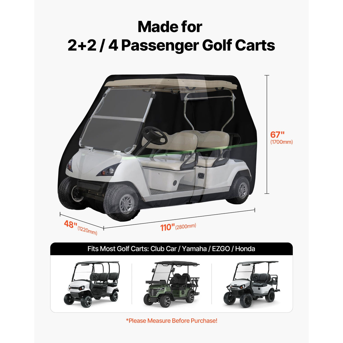 Golf Cart Cover, Full Coverage 2+2/4 Passenger Golf Cart, 600D Waterproof Oxford Fabric Club Car Cover Fits Most Carts Club Car, Yamaha, EZGO, Honda, PU Coating & Three Zipper Doors
