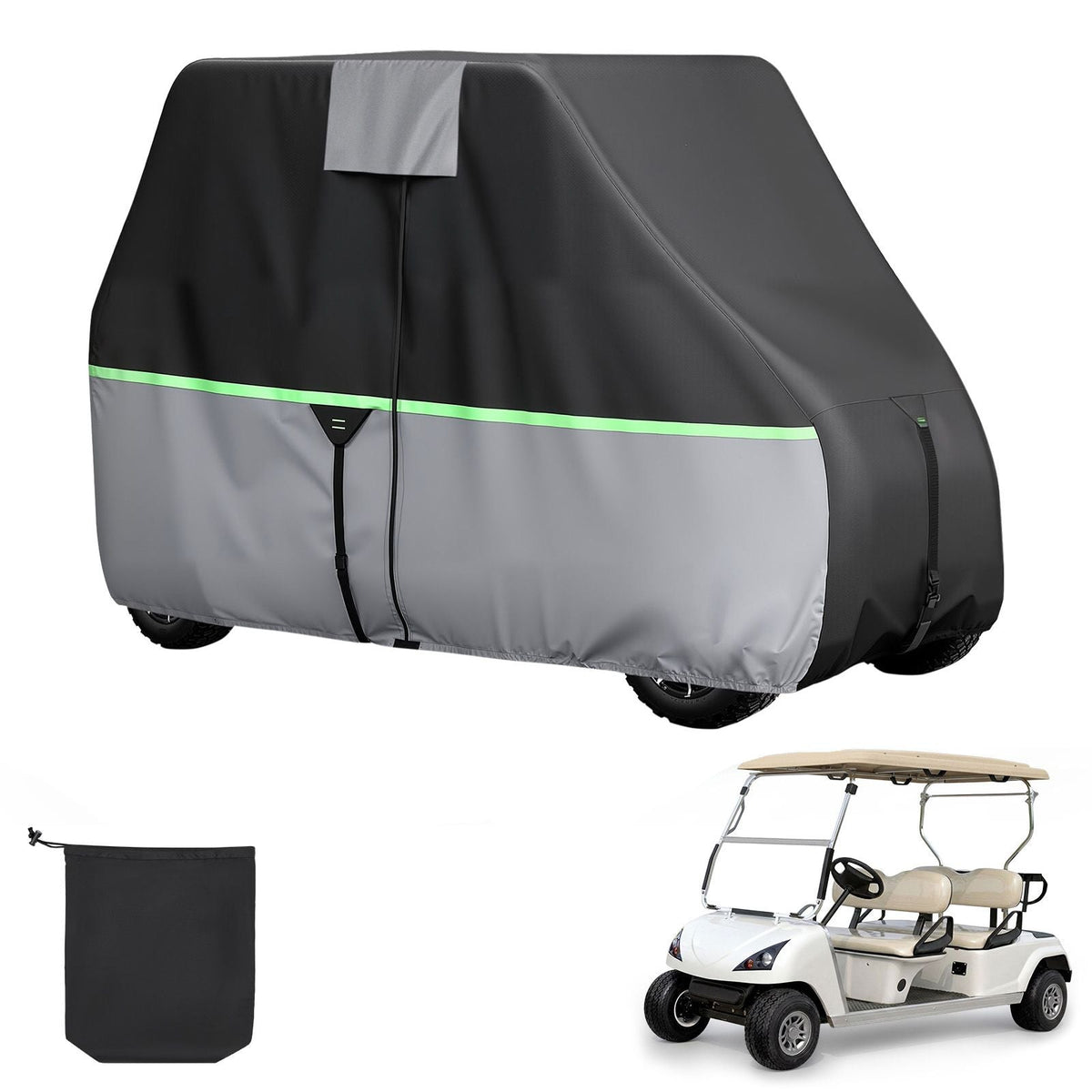 Golf Cart Cover, Full Coverage 2+2/4 Passenger Golf Cart, 600D Waterproof Oxford Fabric Club Car Cover Fits Most Carts Club Car, Yamaha, EZGO, Honda, PU Coating & Three Zipper Doors