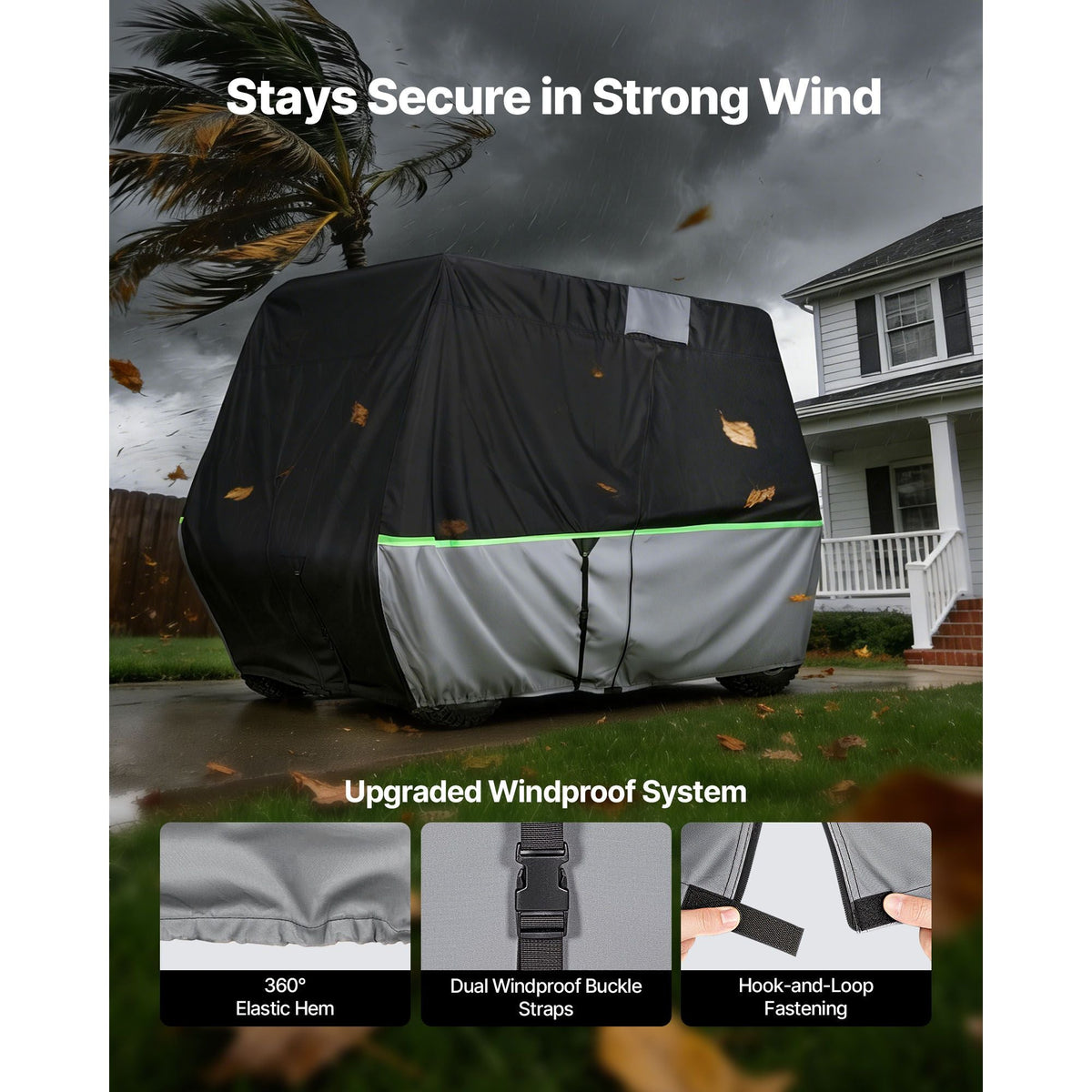 Golf Cart Cover, Full Coverage 2+2/4 Passenger Golf Cart, 600D Waterproof Oxford Fabric Club Car Cover Fits Most Carts Club Car, Yamaha, EZGO, Honda, PU Coating & Three Zipper Doors