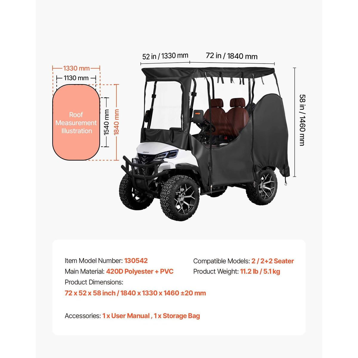Golf Cart Cover, Visible Full-Enclosure 2&2+2 Passenger Golf Cart, 420D Waterproof Oxford Fabric Club Car Cover Fits Most Carts Club Car, Yamaha, EZGO, Honda, PVC Coating & Windproof Hook Design