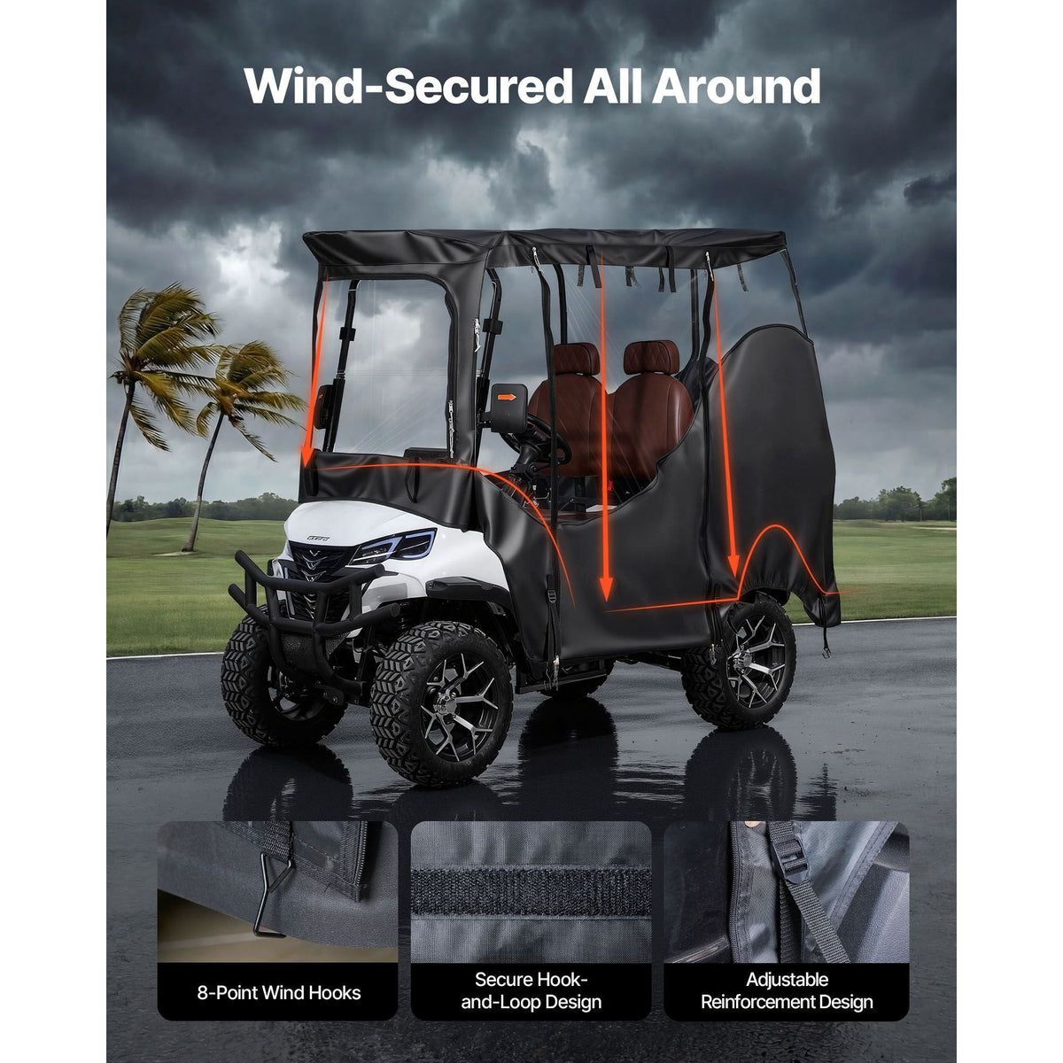 Golf Cart Cover, Visible Full-Enclosure 2&2+2 Passenger Golf Cart, 420D Waterproof Oxford Fabric Club Car Cover Fits Most Carts Club Car, Yamaha, EZGO, Honda, PVC Coating & Windproof Hook Design
